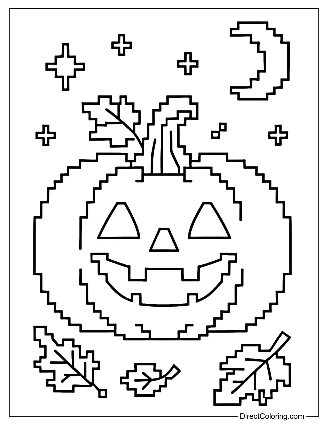 Pixel Halloween pumpkin coloring page, a chubby pumpkin with a mischievous smiley face.