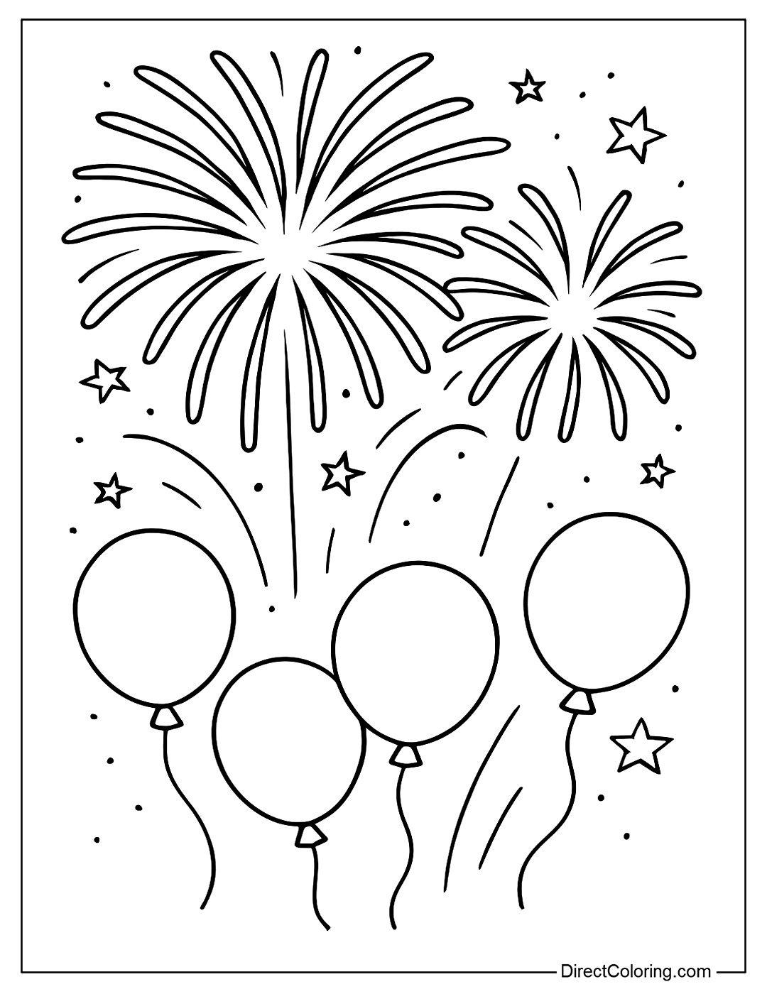 Coloring page of fireworks exploding in the sky with some balloons below. Simple image, easy to color.
