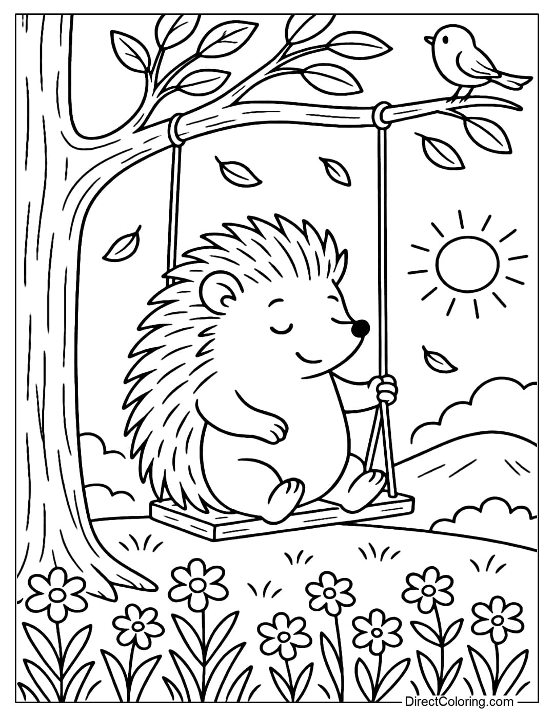 Hedgehog Swing Coloring Page Coloring page of a hedgehog sitting on a swing hanging from a tree branch.
