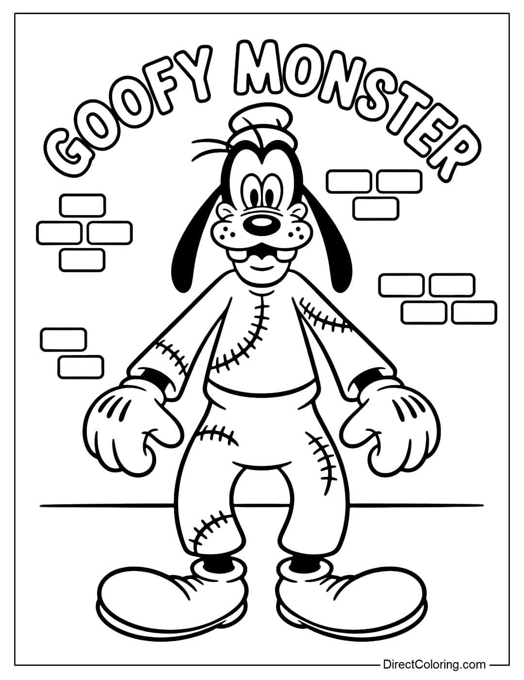 Goofy coloring page like Frankenstein, big, with stitches, silly smile.