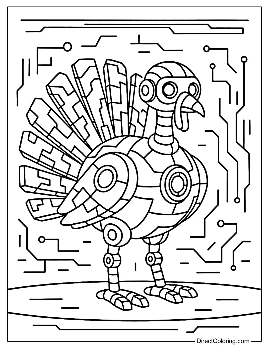 Robot turkey coloring page with metal body, LED eyes, feathers that turn into mechanical pieces.