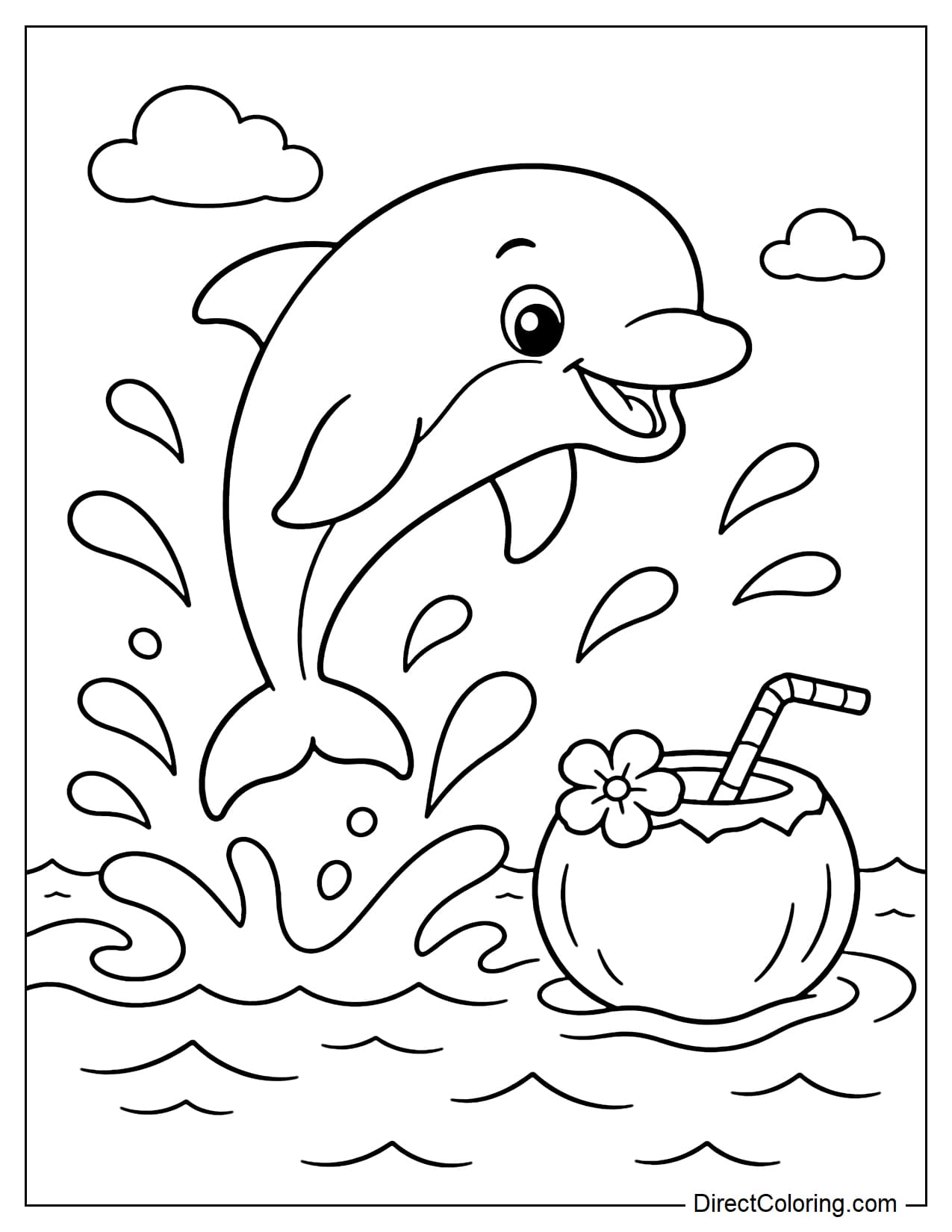 A cheerful dolphin leaps out of the water next to a coconut floating on the sea.