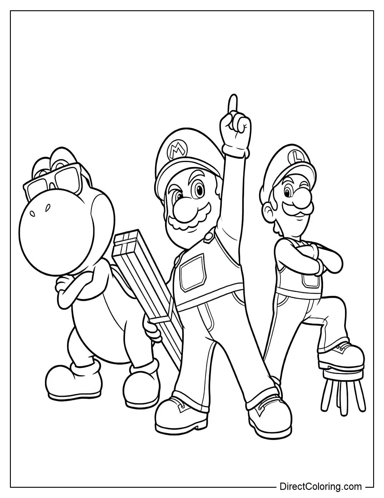 Mario points toward the sky, Yoshi wears cool sunglasses, and Luigi strikes a stylish pose as the trio stands together, ready for a new adventure.