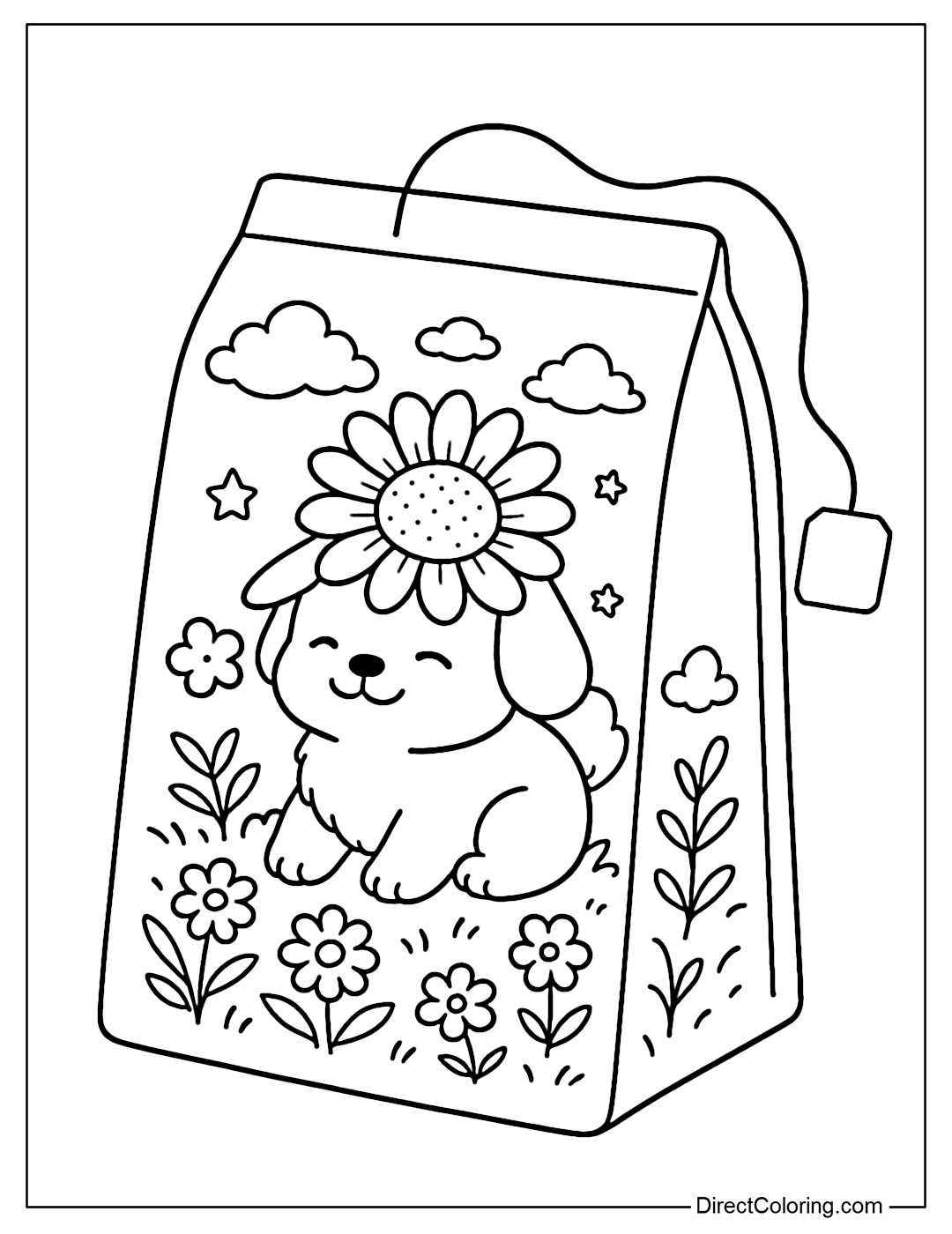Tea bag coloring page featuring a puppy wearing a sunflower hat, lying on a bed of country flowers.