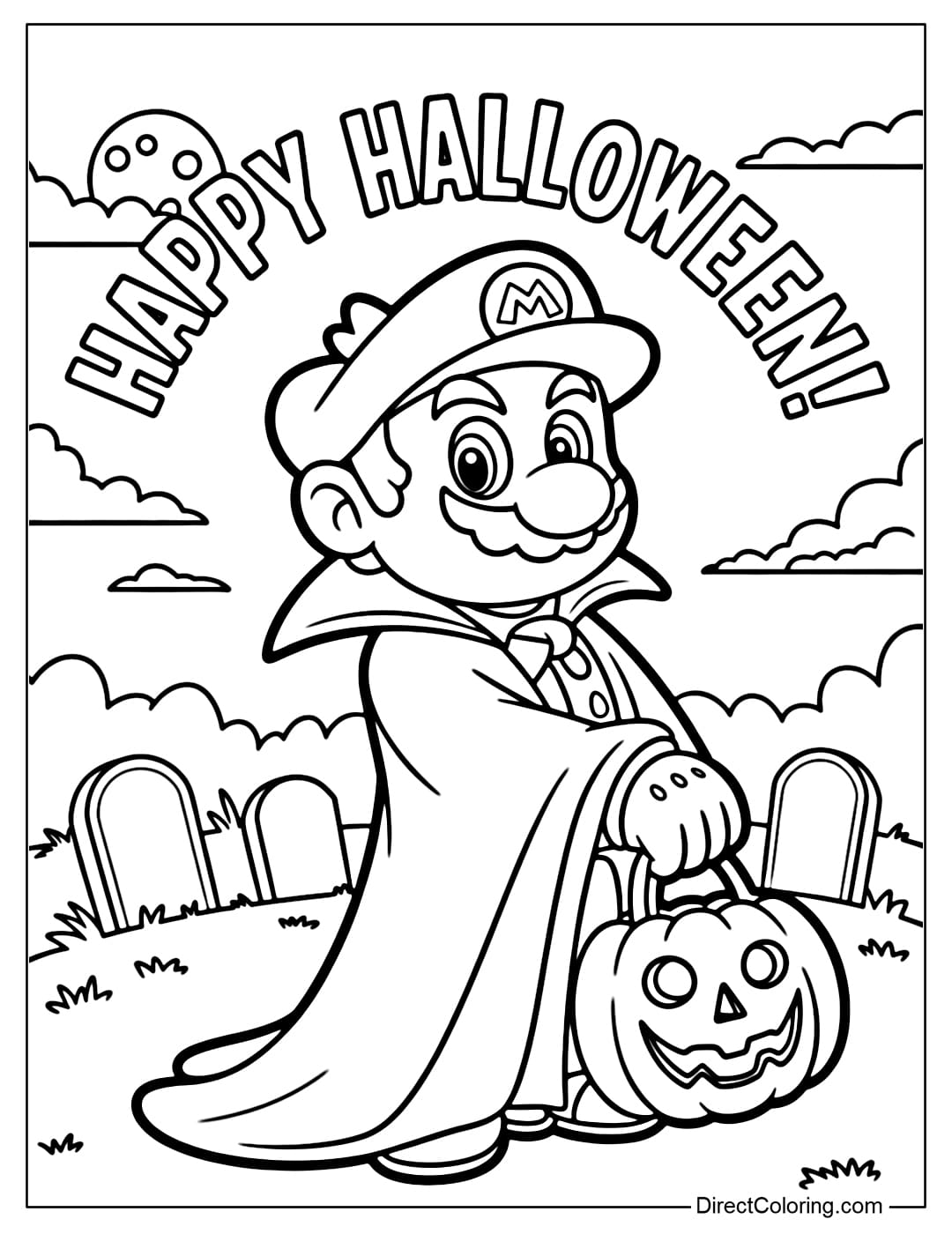 Coloring page Mario wearing a cape to go trick-or-treating, the background is a cemetery.