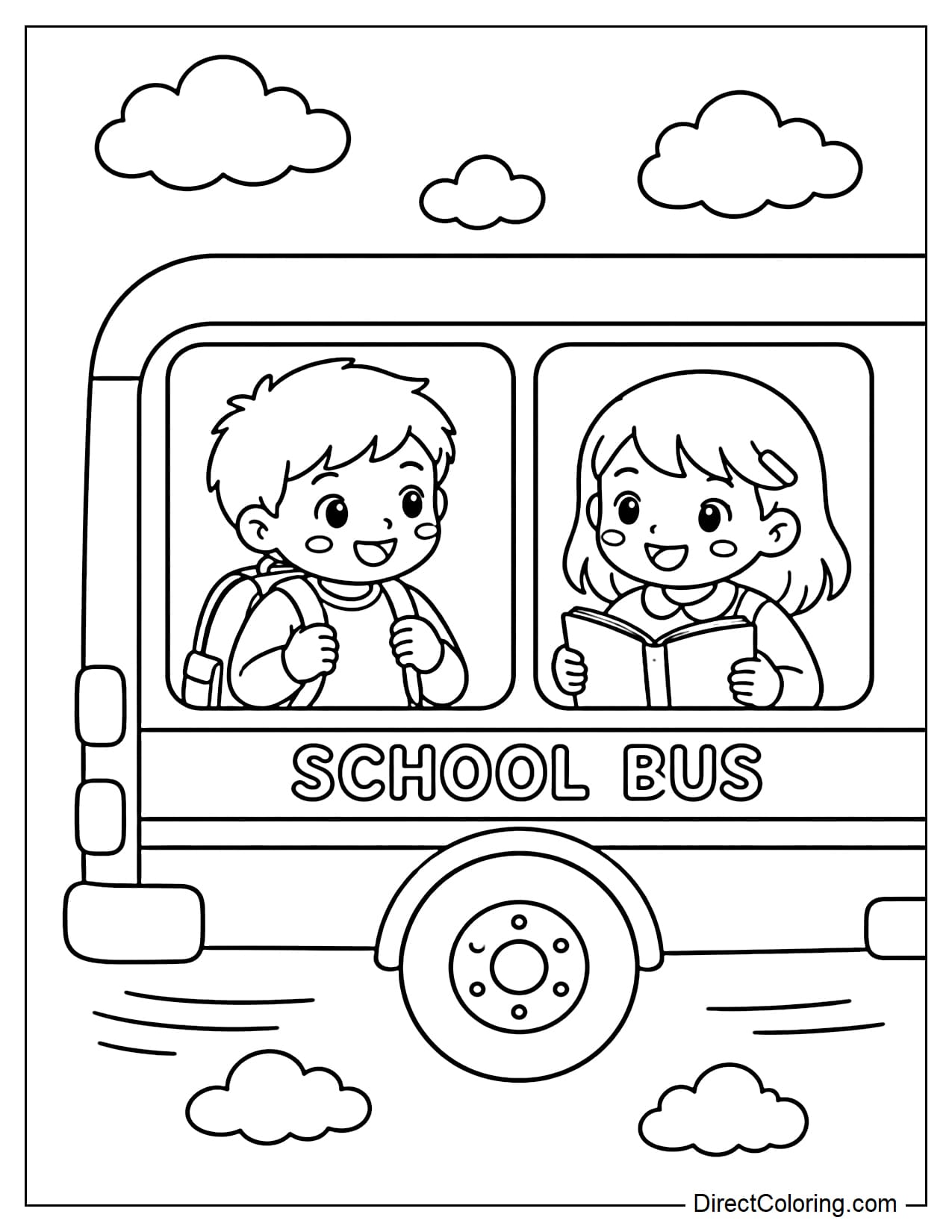 Two cheerful young students sit side-by-side by the window of the school bus, one wearing a backpack and the other holding a book.