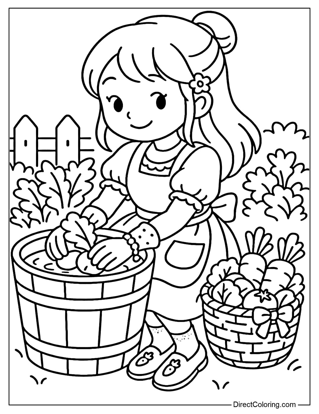 a coloring page of a farm girl washing freshly harvested vegetables in a wooden bucket. In the background is a wooden fence and a green vegetable garden.