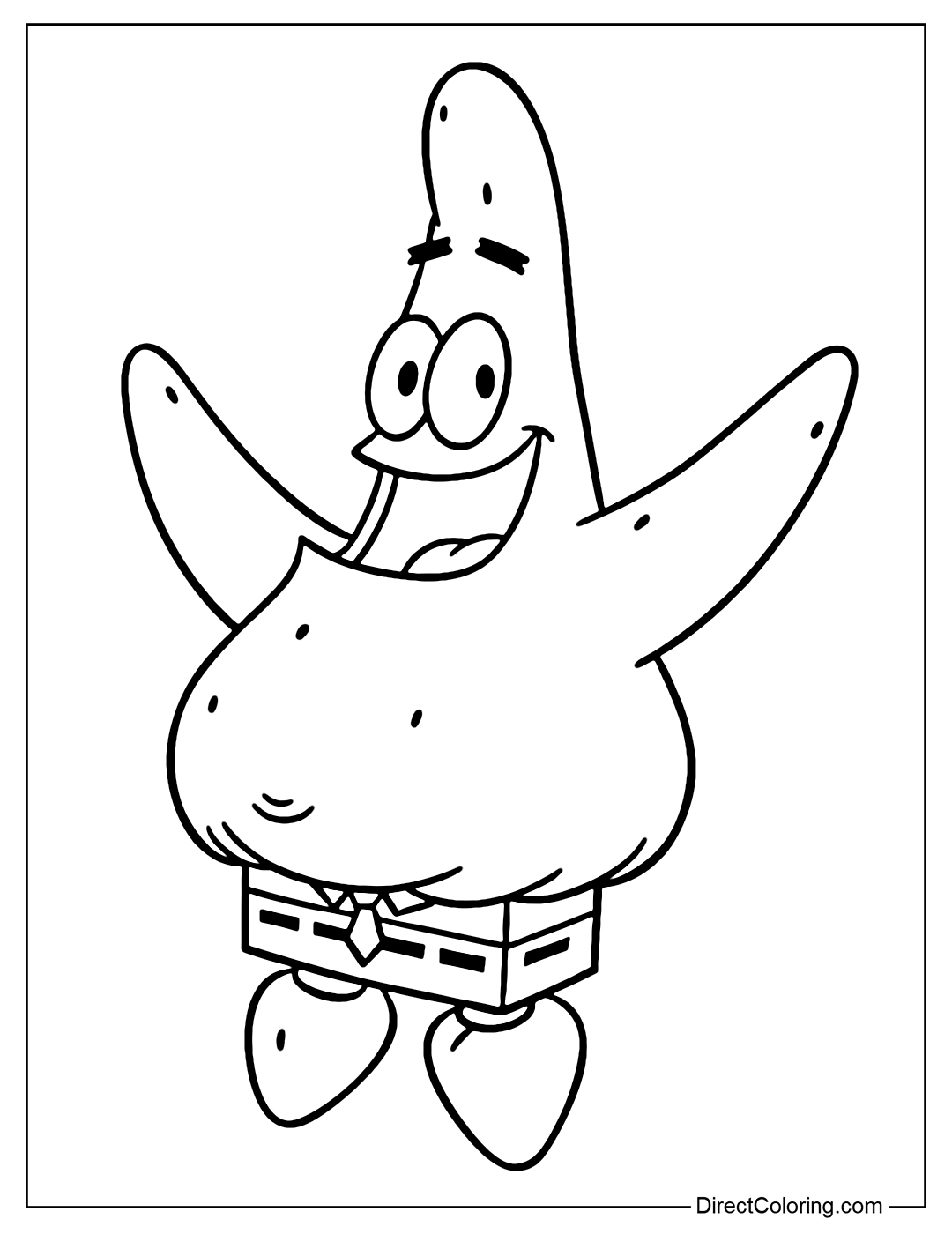 Patrick Coloring Page is dressed like SpongeBob and joyfully raising his arms with a big smile on his face.