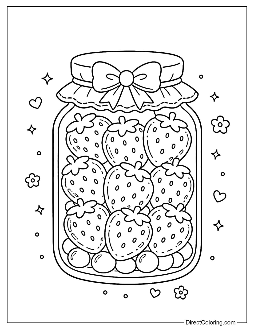 Coloring page of a candy jar filled with strawberry-shaped candies with a simple and cute design.