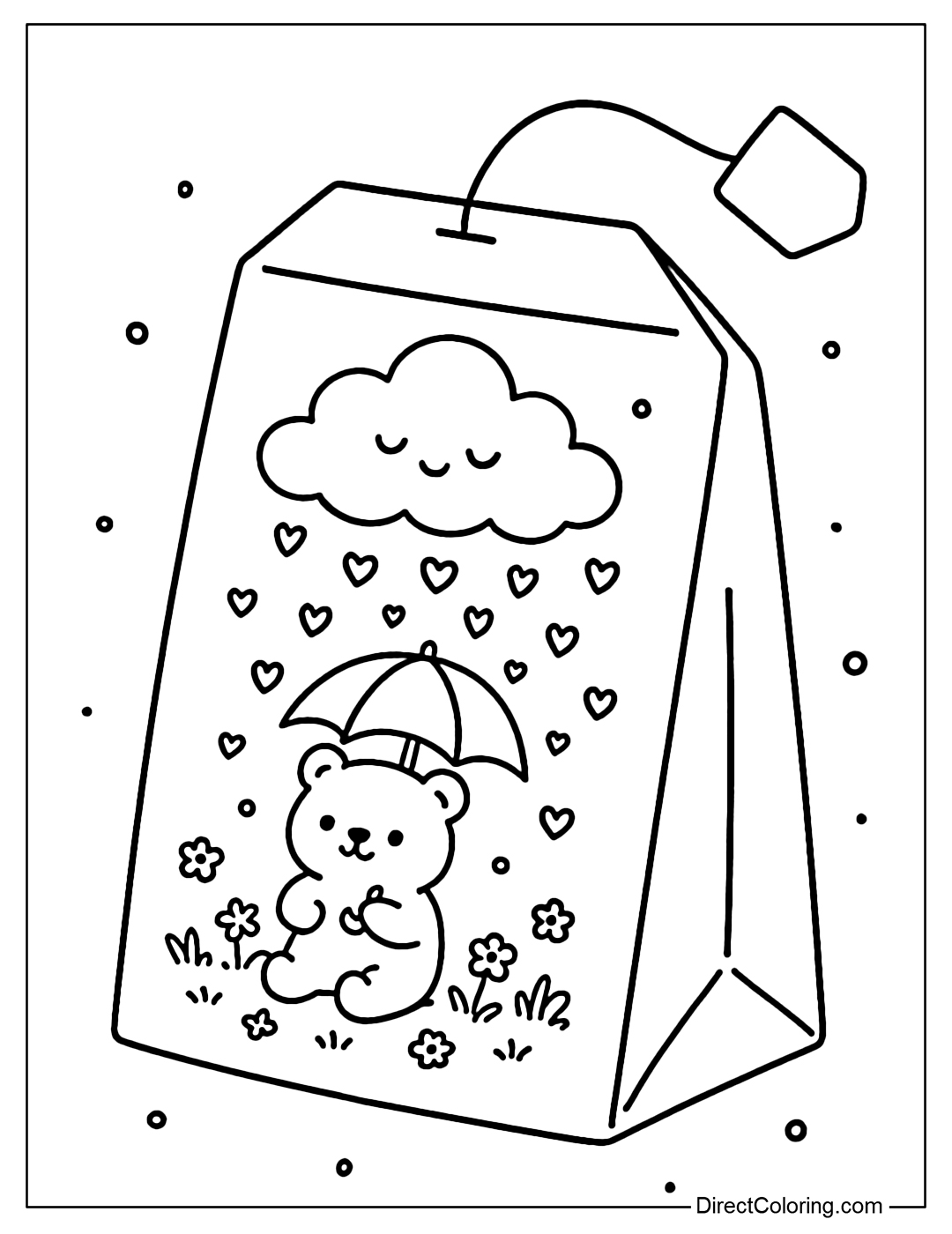 A tea bag coloring page featuring a small cloud raining hearts, with a bear holding an umbrella underneath.