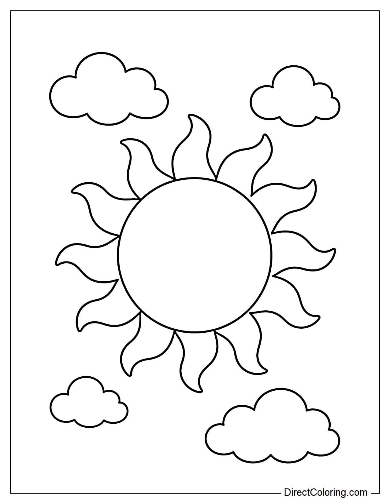 A simple sun with large, wavy rays, plus a few small clouds.