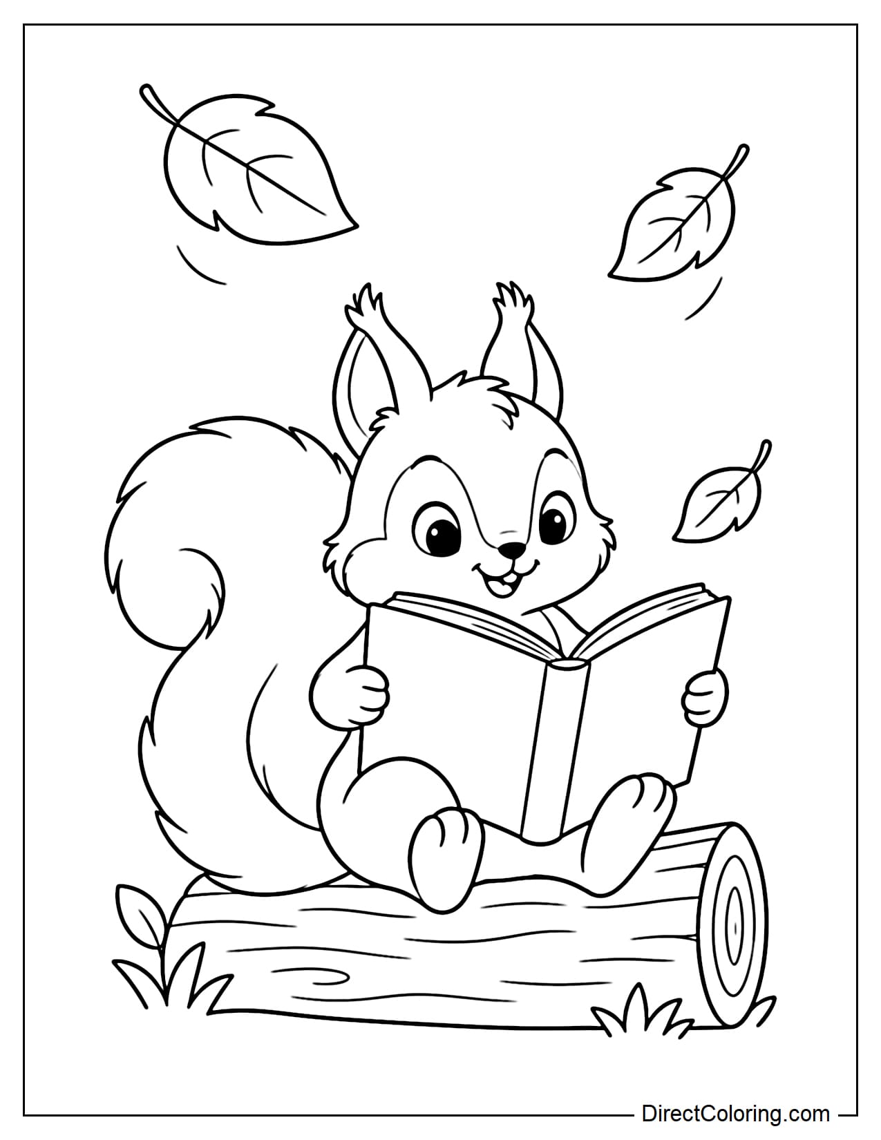 A cute squirrel sitting on a small log and reading a book, with its fluffy tail curled beside it like a soft cushion as a few large leaves fall overhead.