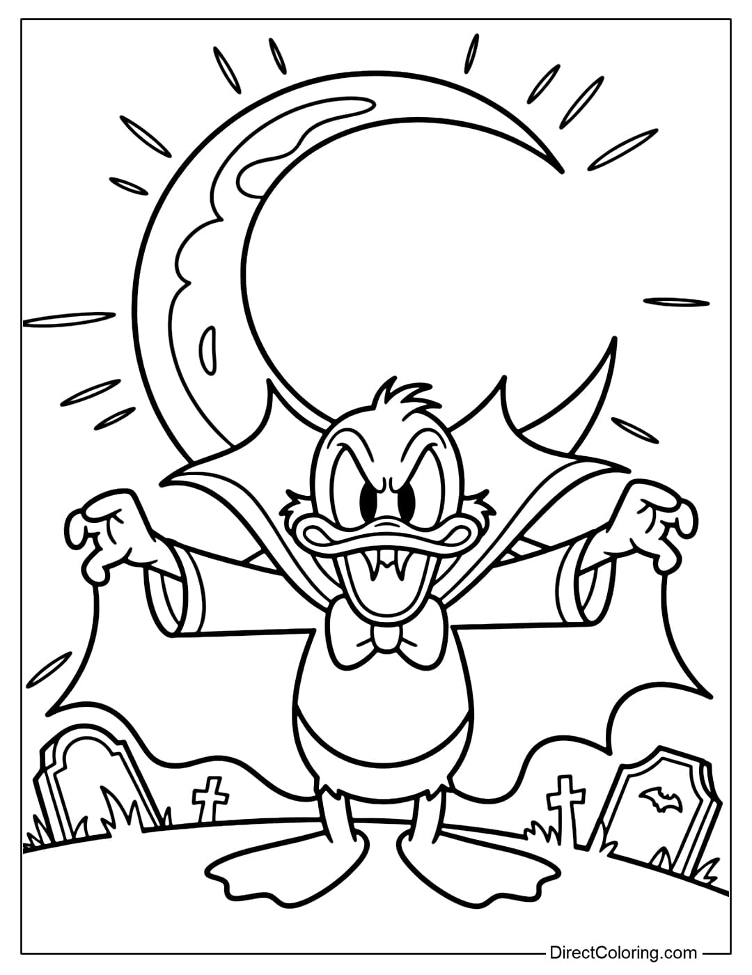 Donald Duck vampire coloring page in a vampire robe, standing under the creepy moonlight.