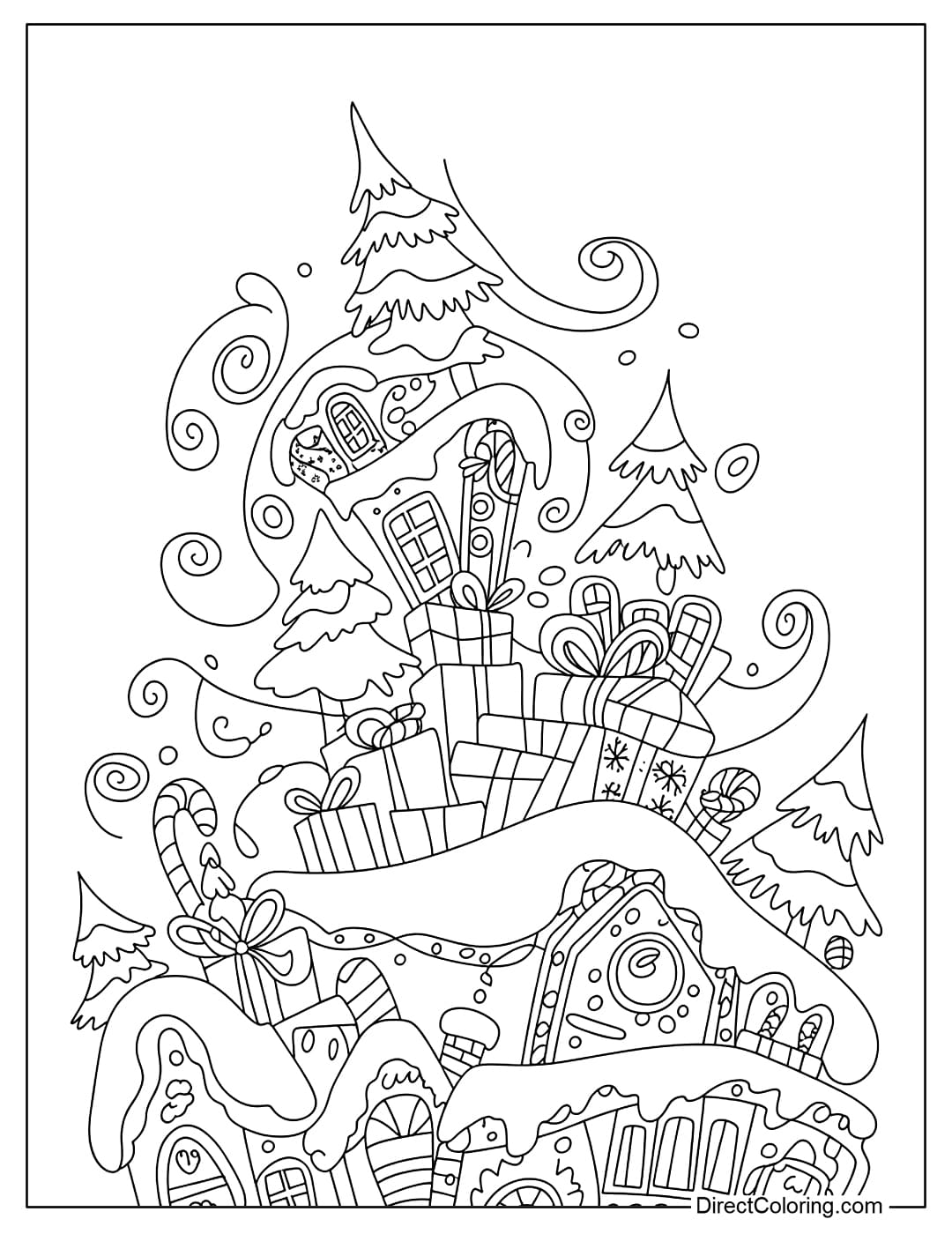Christmas Town sparkling scene coloring page: pine trees, gifts and snow.