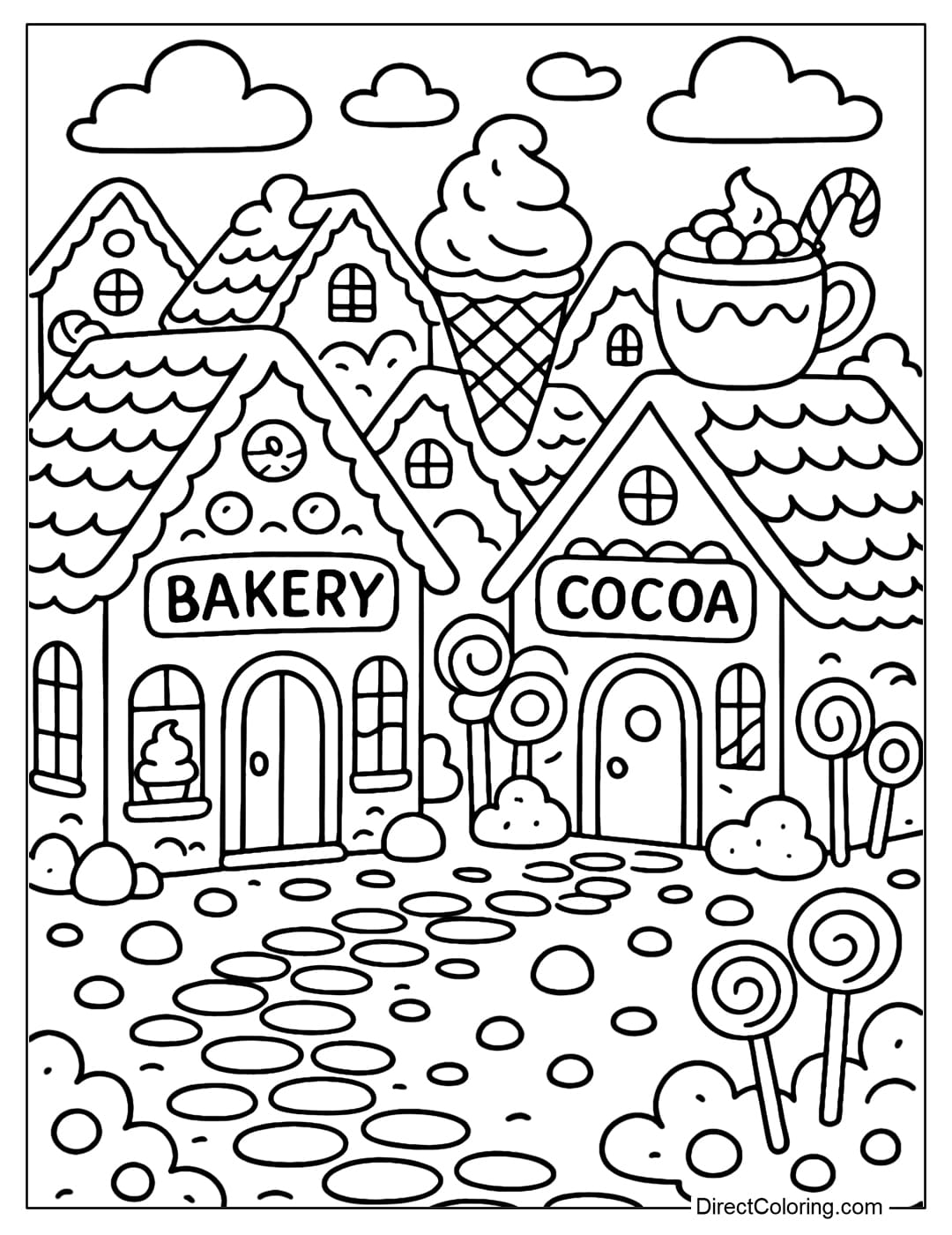 Gingerbread street coloring page with many shops: bakery, ice cream shop, cocoa shop.