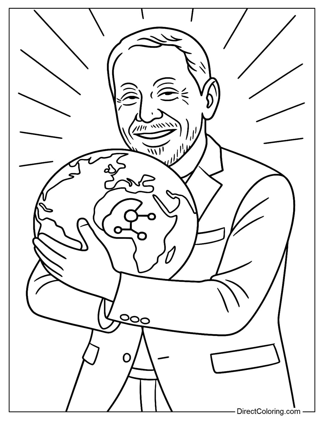 Larry Ellison Holding the Golden Globe Coloring Page Coloring page of Larry Ellison holding the golden globe, on which is the technology symbol, symbolizing global leadership.