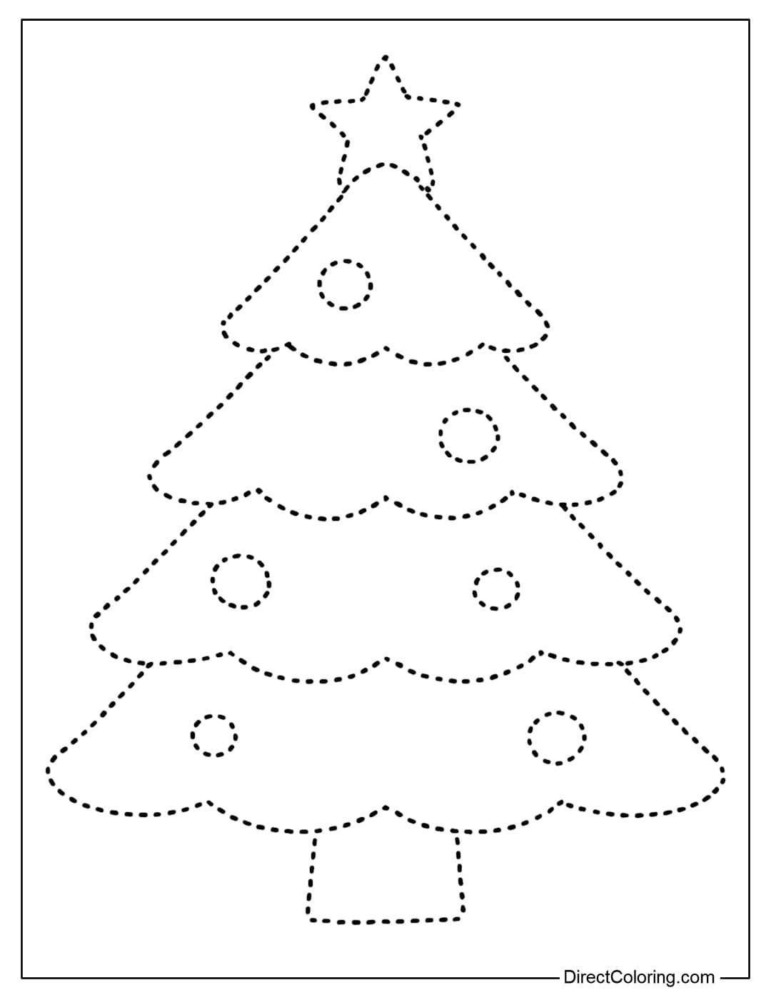 Christmas Tree Tracing Coloring Page with a Star on Top and a Few Baubles.