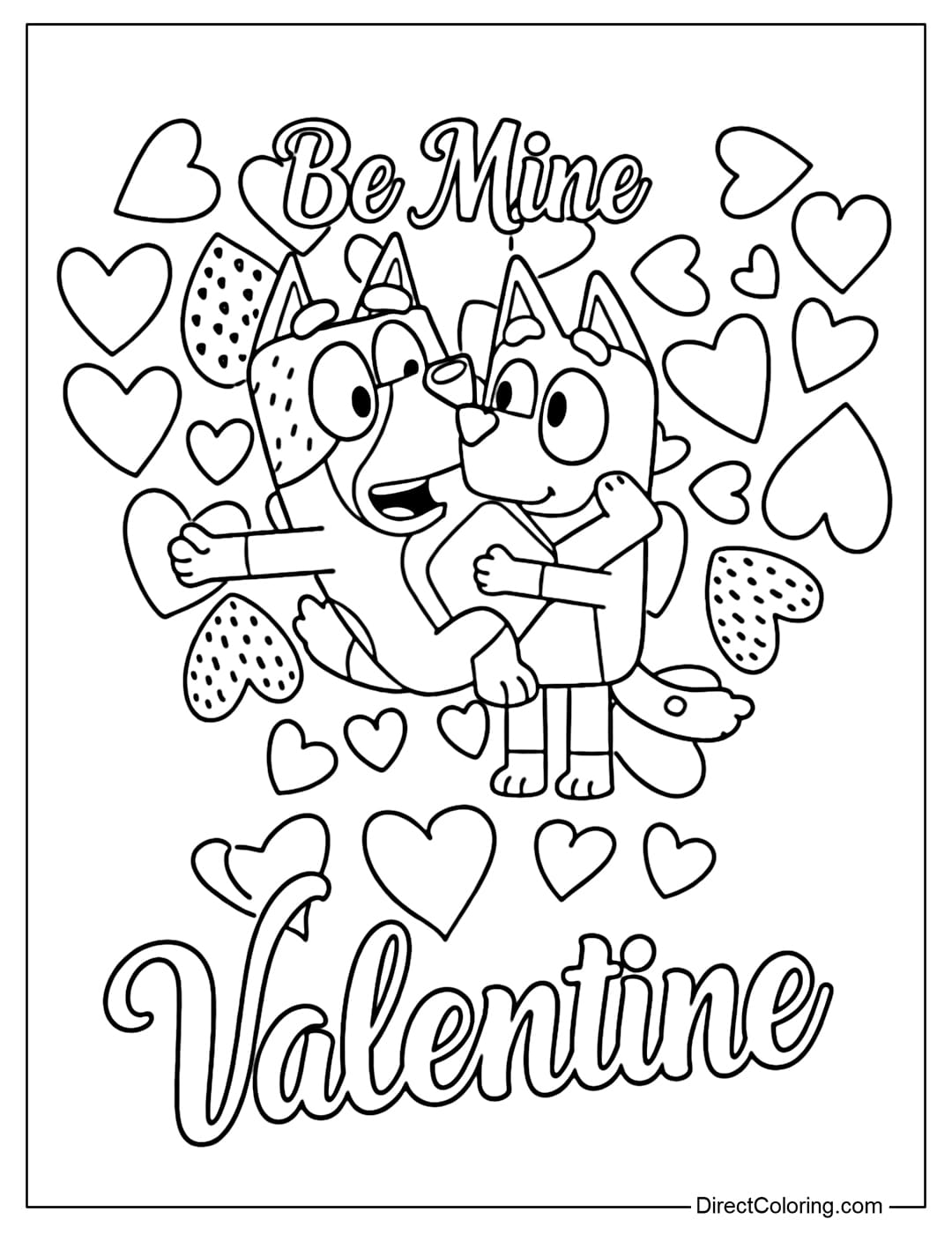 Bluey and Bingo are sweetly hugging each other, surrounded by flying hearts, with the words 