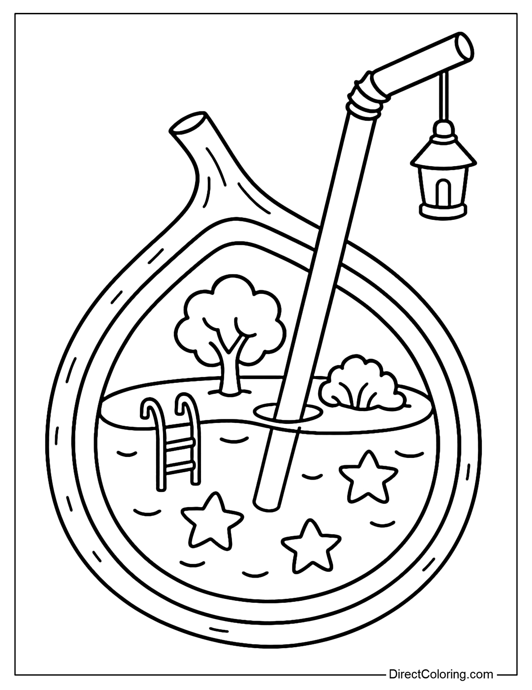 A fig coloring page cut in half, clear dark purple water, inside is a small swimming pool with lounge chairs and a canopy.