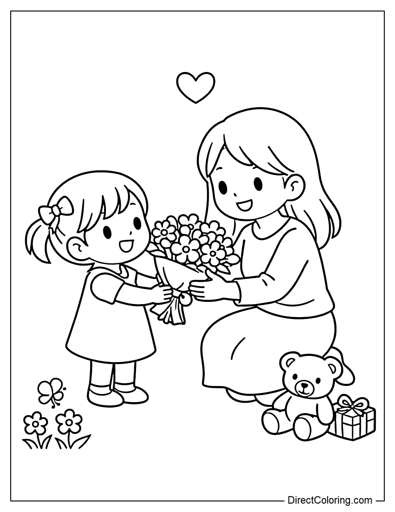 A little girl is giving a flower to her mother in the center, with a small heart above.