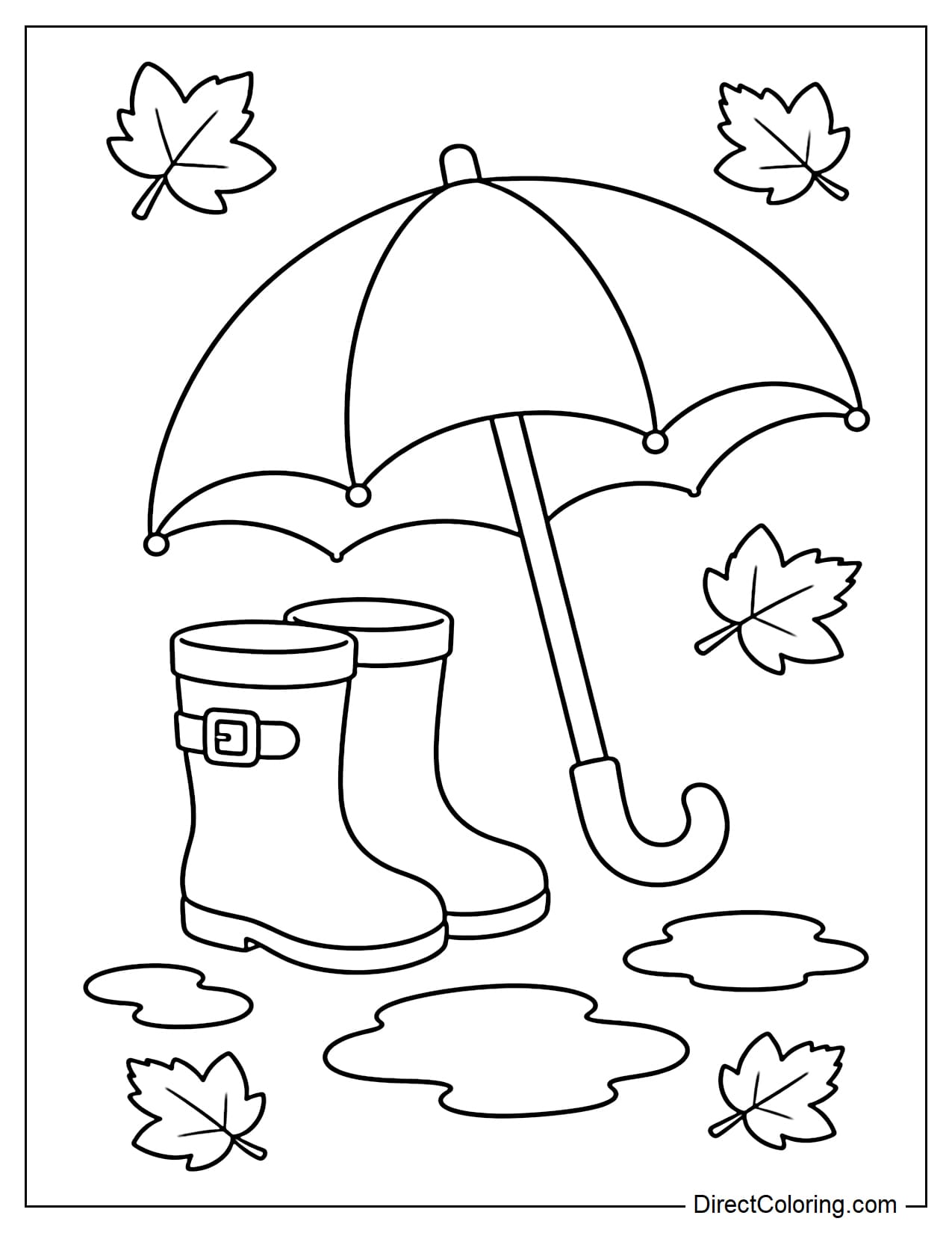 A large pair of rain boots sits beside an open umbrella, with a few falling maple leaves and small puddles nearby.