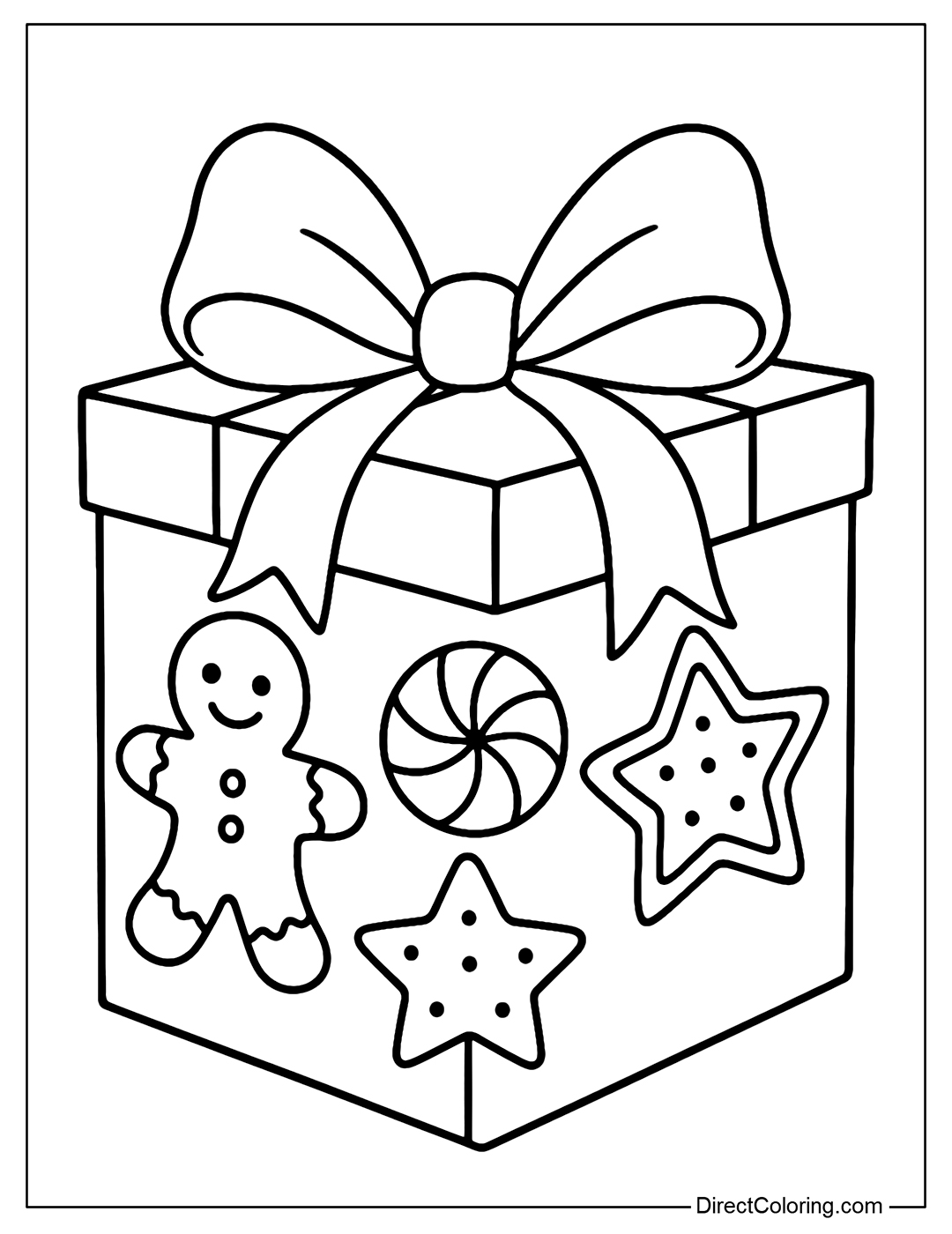 Gingerbread gift box coloring page with gingerbread man, peppermint candy and ginger star.