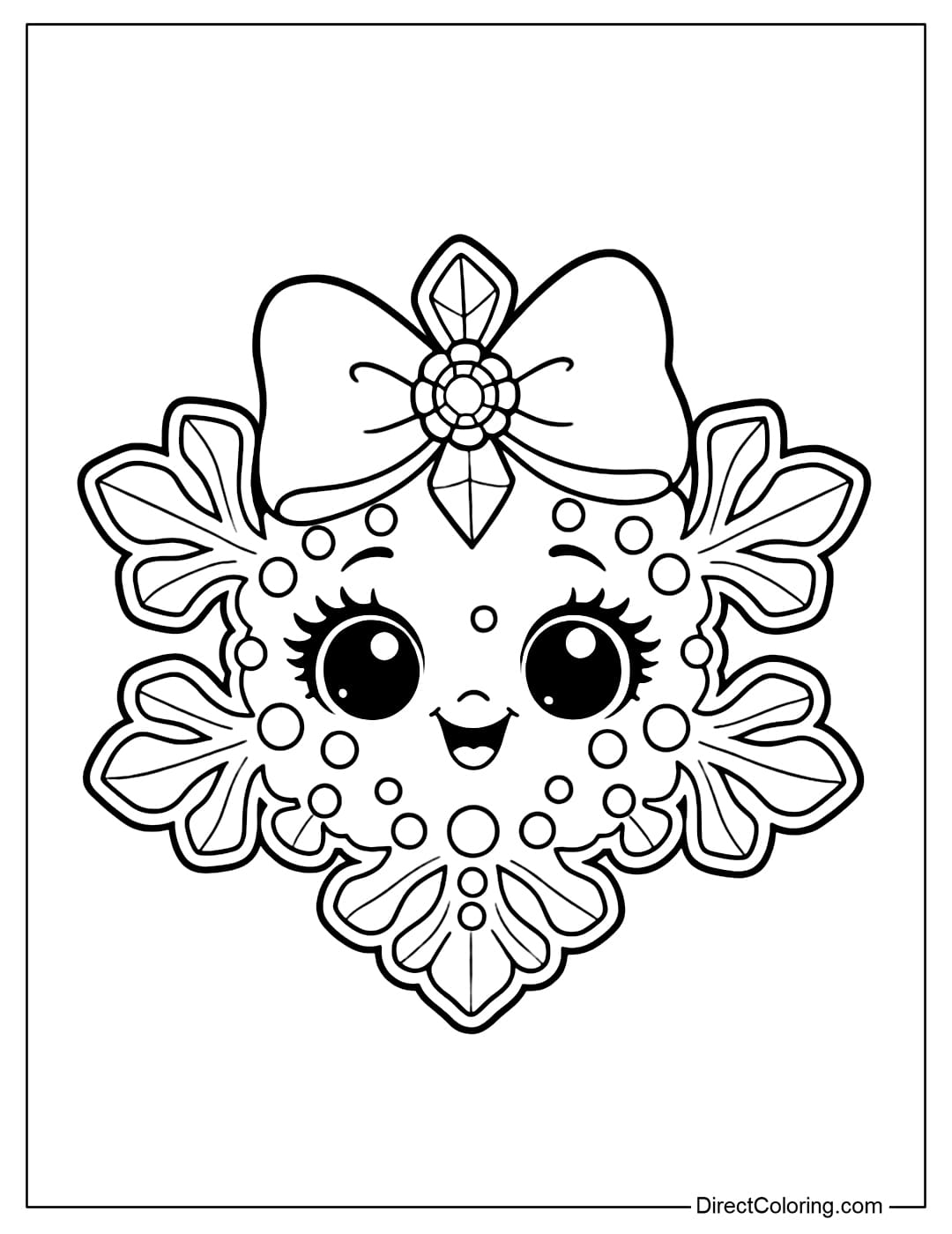 A coloring page of a chubby, round, kawaii snowflake with big, sparkling eyes, rosy cheeks, a cute smile, and a large bow with a rhinestone in the middle.