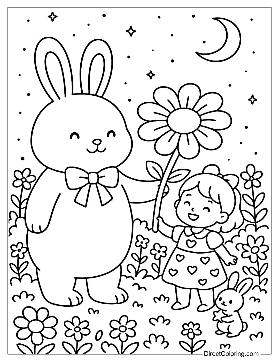 Coloring page of a giant rabbit holding a big flower like an umbrella to cover the baby and the small pet.