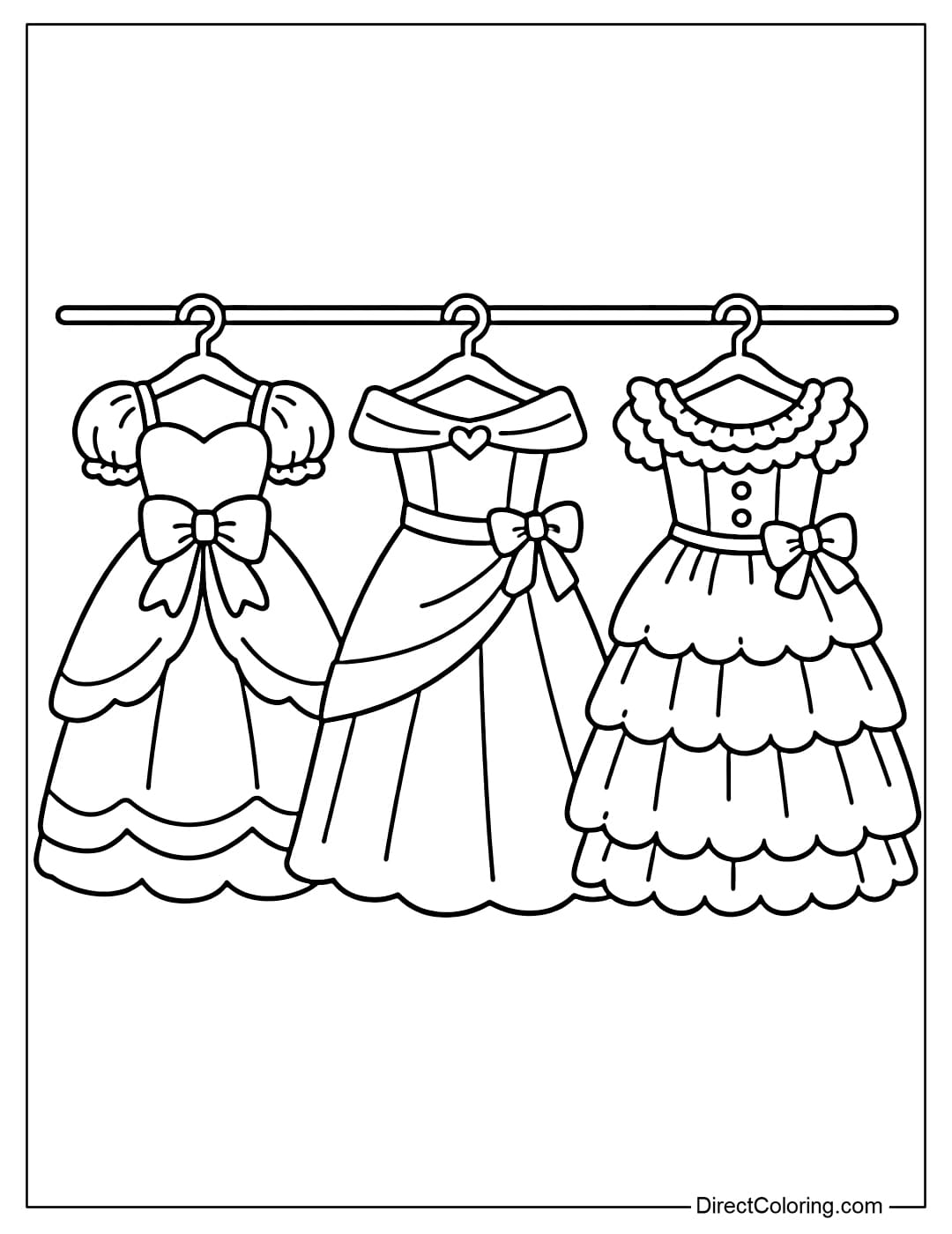 A coloring page featuring a collection of three large princess dresses hanging side-by-side with simple designs that are easy to color.