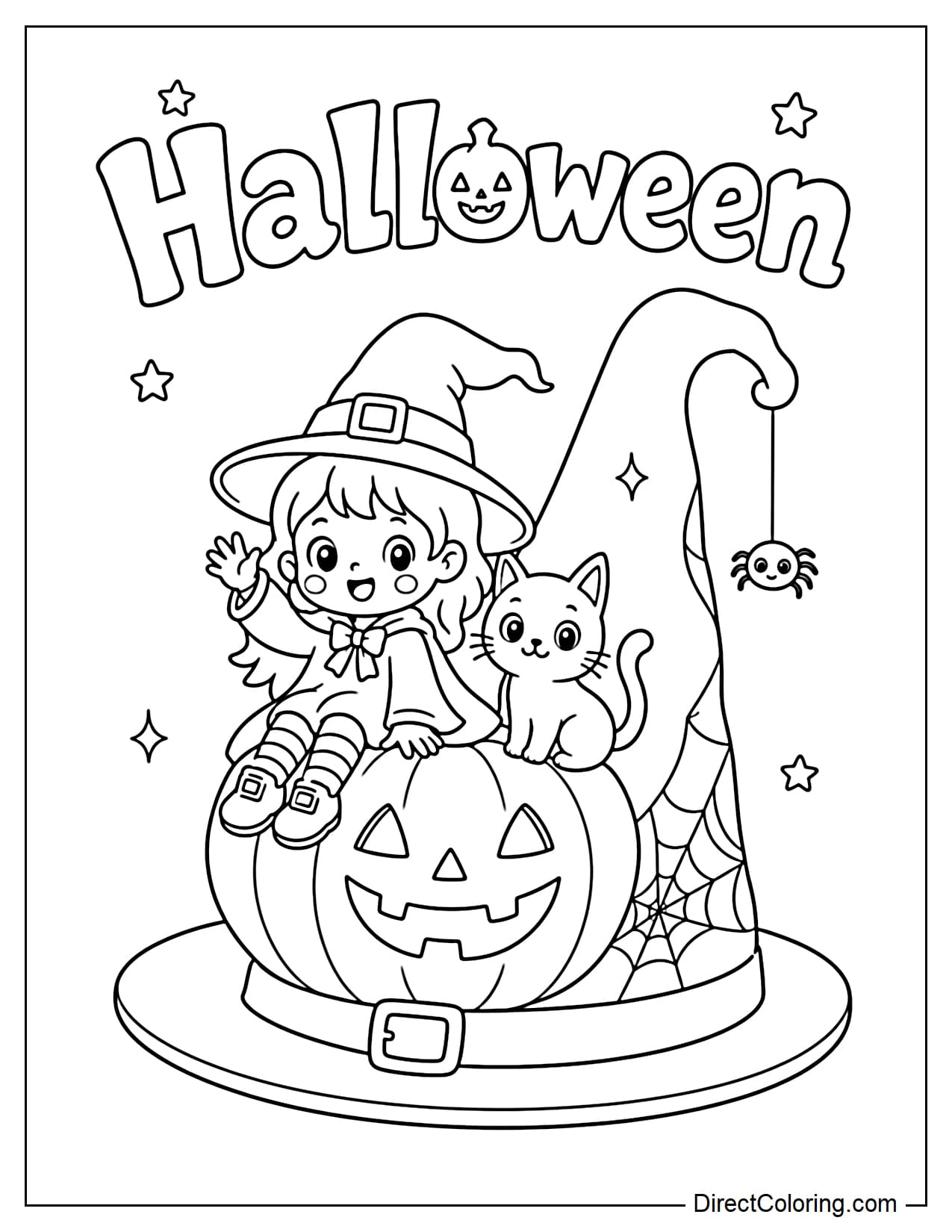 A small witch and a black cat sitting together on a large Halloween pumpkin placed on the brim of a giant witch hat. A spiderweb decorates the hat, with a small spider dangling from the tip, while the word 