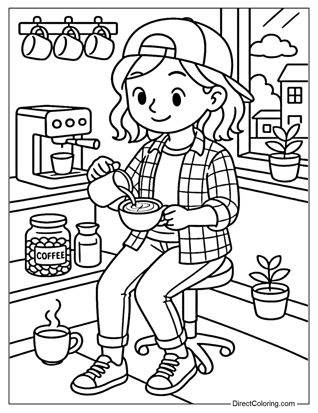 A girl's little barista corner coloring page. Outside the window is a small morning street scene with a few rays of sunlight shining in.