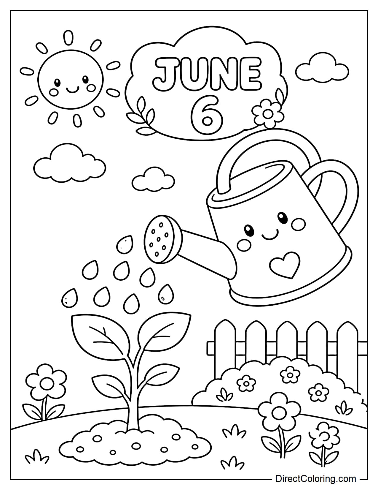 A June garden scene with a cute watering can gently tilting to water young plants, surrounded by a fence, small flowers, the sun, and clouds, with the words 