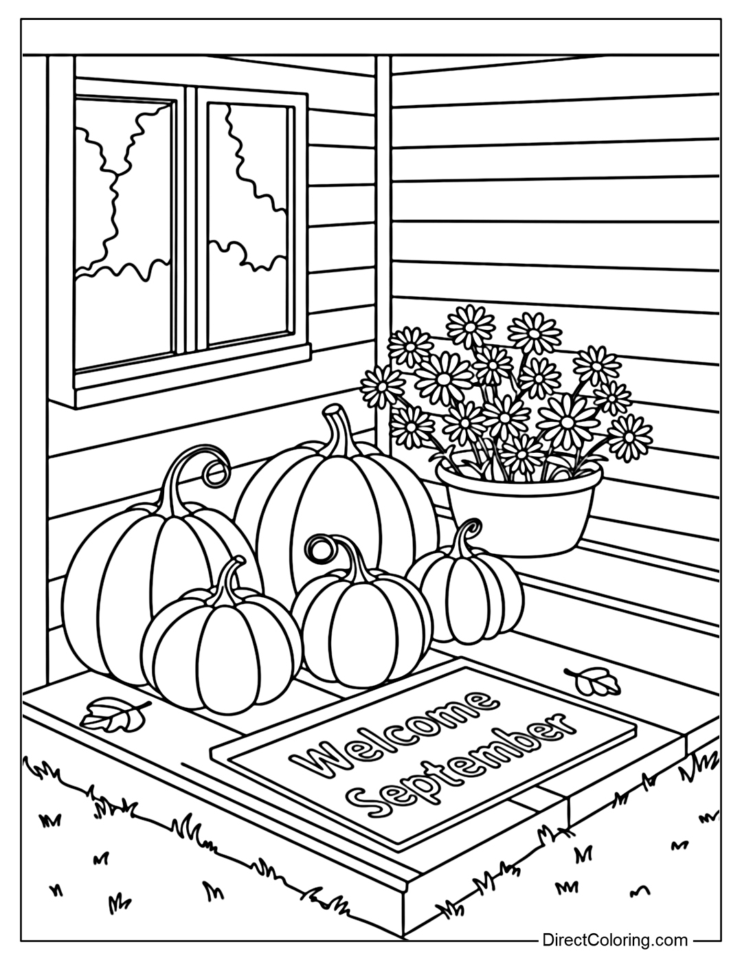 A color page of a porch corner with a few pumpkins, daisies, and a 