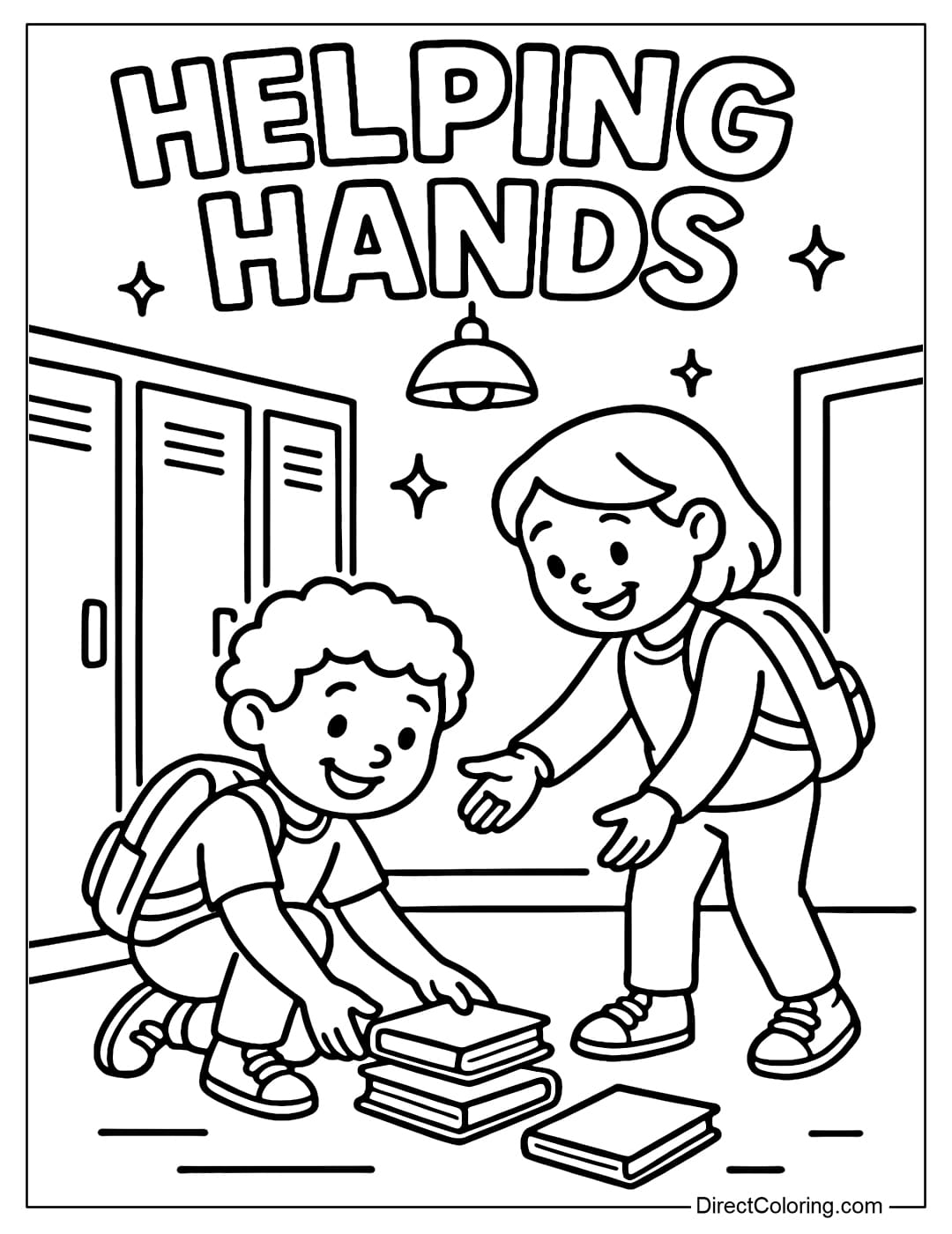 A coloring page of a child helping another child pick up books that fell in the school hallway.