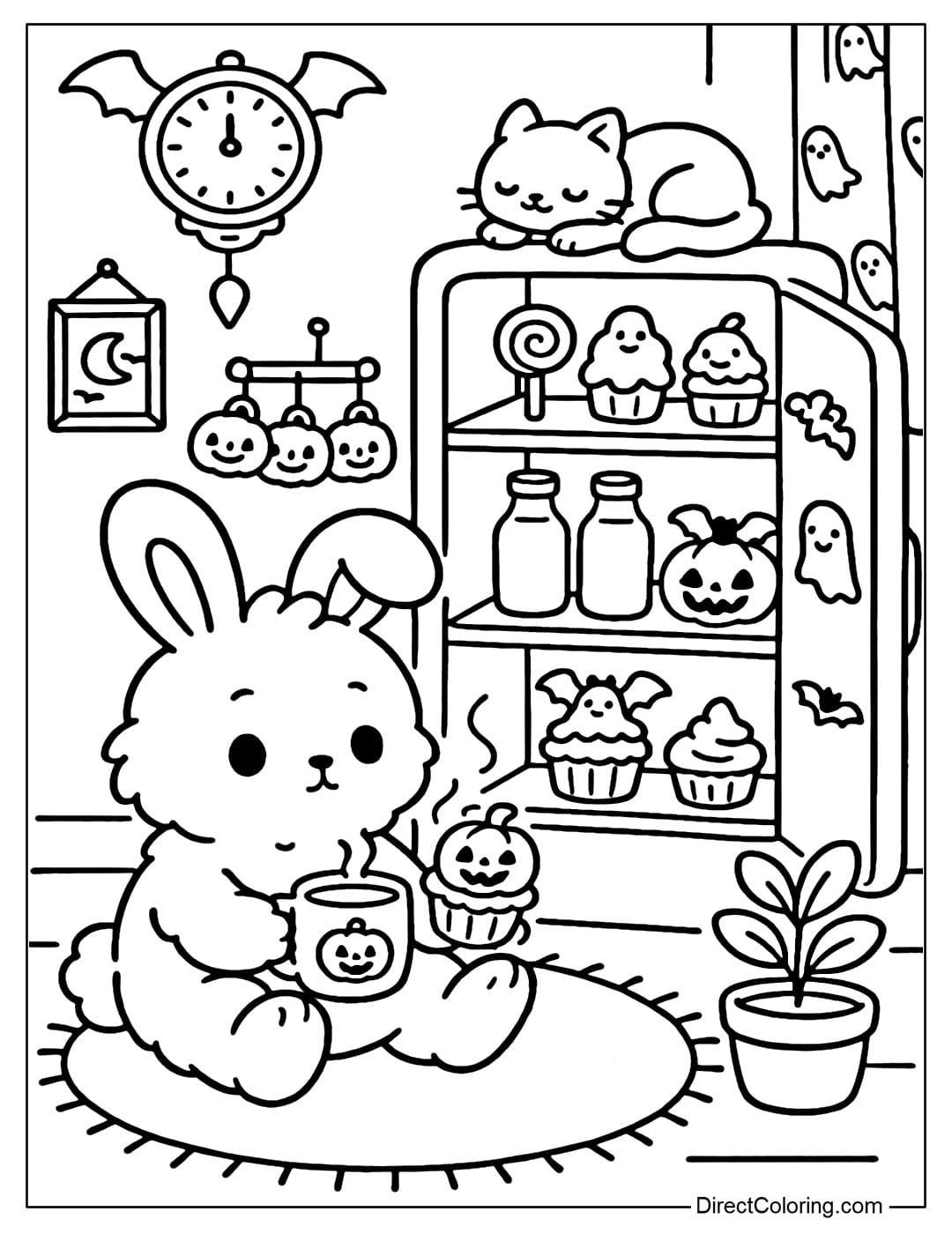 A fluffy little bunny coloring page is sitting by the open refrigerator in a small kitchen on Halloween night.