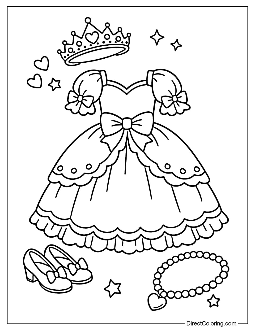 Coloring page of a large princess dress placed in the center with accessories such as a crown, shoes, and necklace.