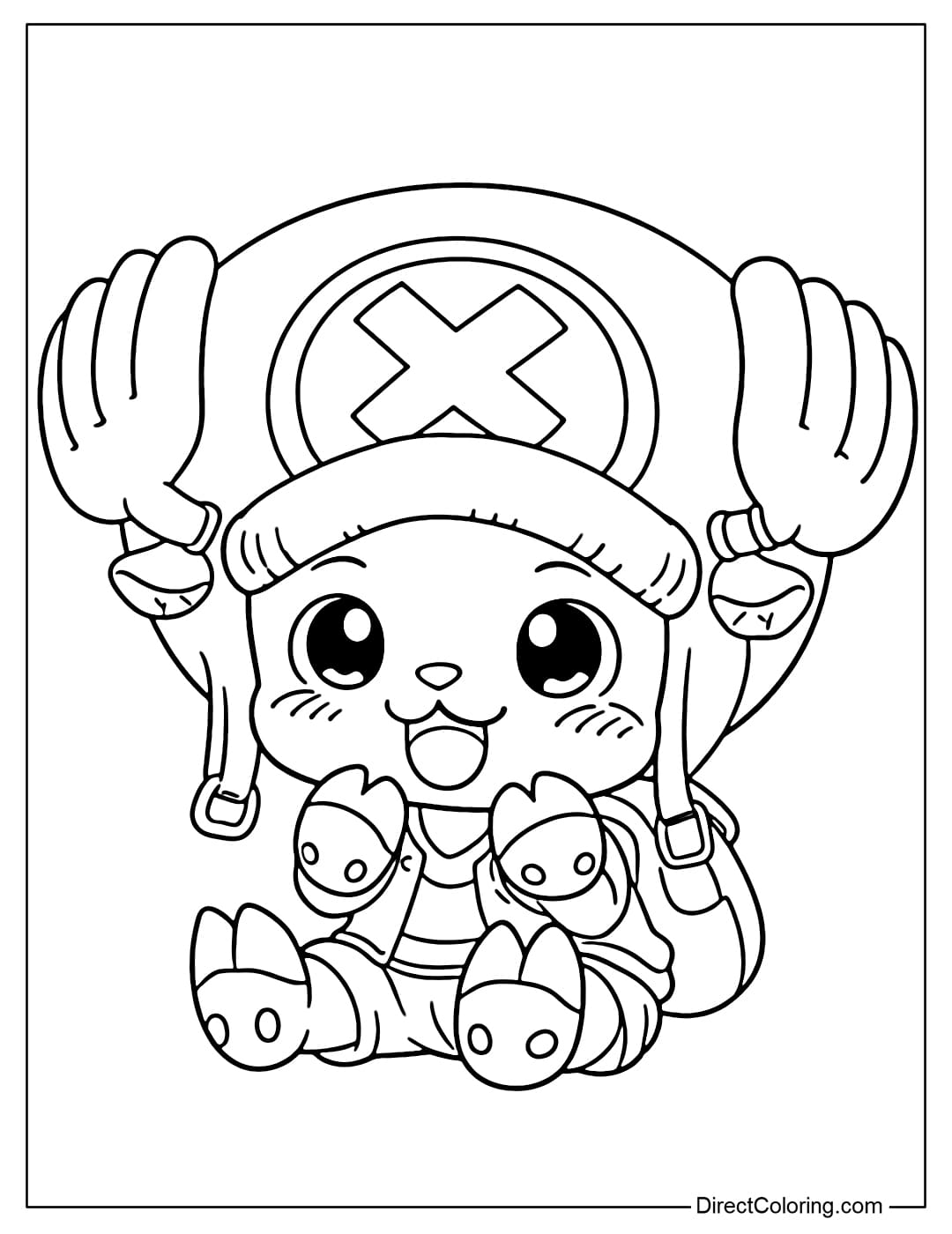 Chopper is sitting with an extremely cheerful expression, his big round eyes sparkling and his mouth smiling brightly.