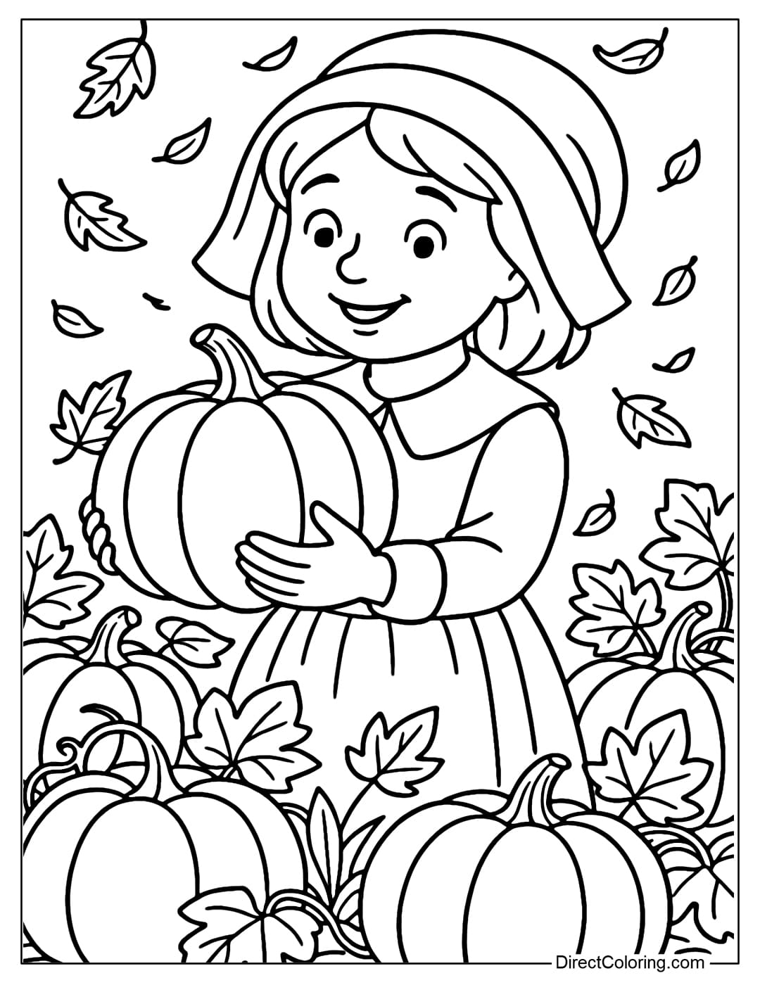 A coloring page of a little girl named Pilgrim in a pumpkin field, holding a big and round pumpkin.