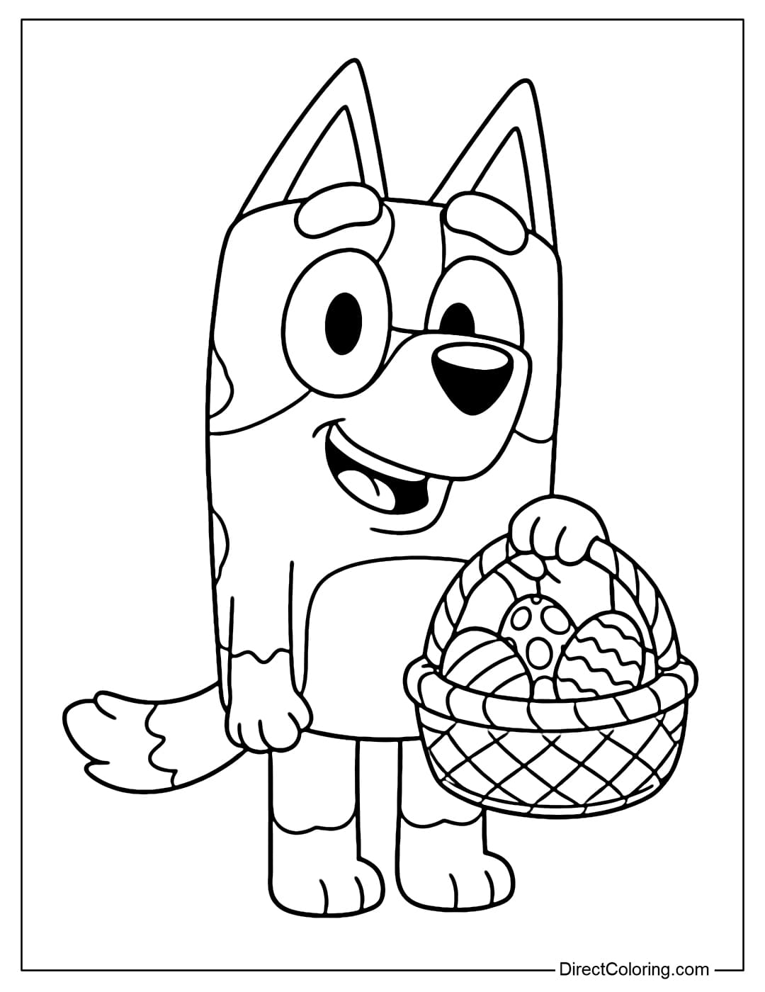 Coloring page of Bluey holding an Easter basket with several eggs inside.