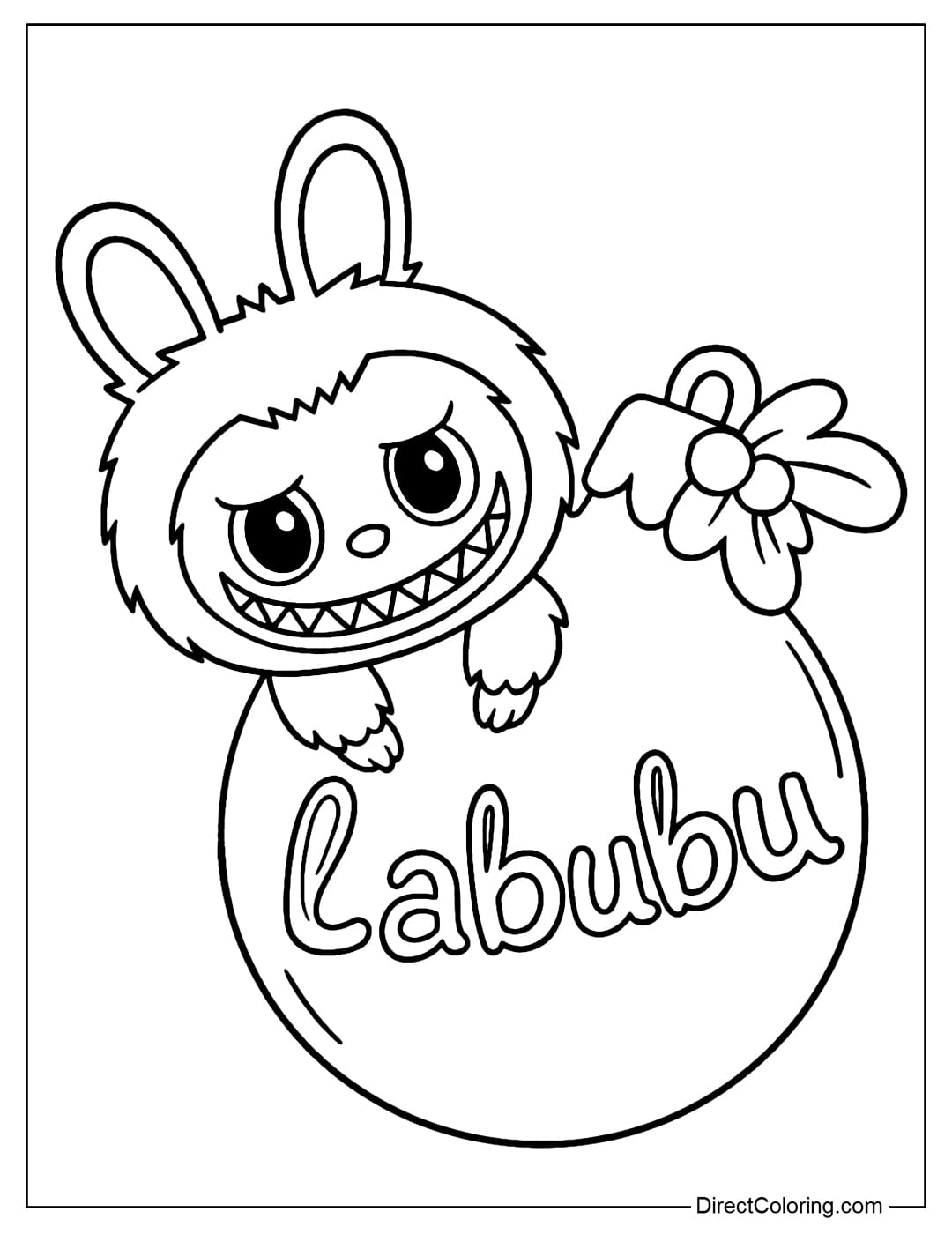 Coloring page of Labubu clinging to a large Christmas bauble with the word Labubu written on it.