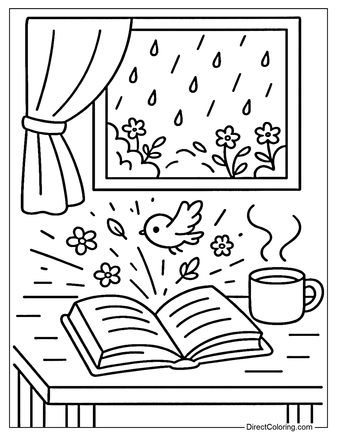 A small room coloring page, on the table next to the window there is an open book, from the pages of the book fly out rays of light, small birds and flowers; outside the window is the rain and the flower garden is swaying.