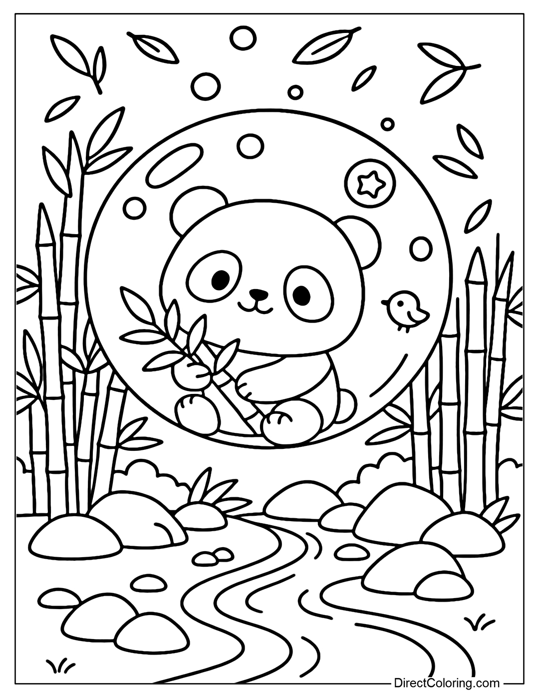 A large soap bubble coloring page containing a panda hugging a young bamboo branch. Outside the bubble is a scene of tall bamboo bushes with large leaves, some large rocks and a small stream flowing through.