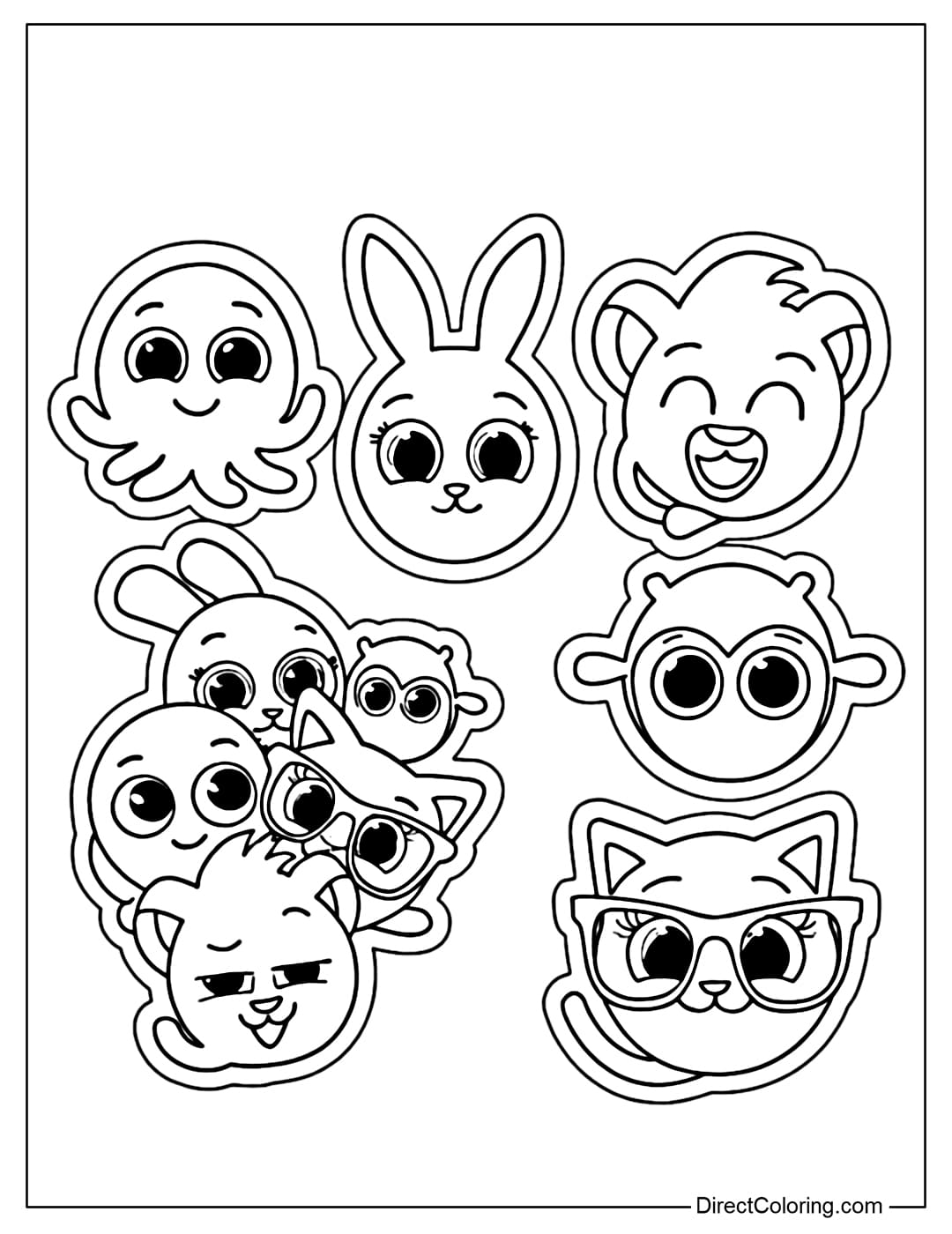 A coloring page of a set of stickers of the main characters in the Bolofofos cartoon.