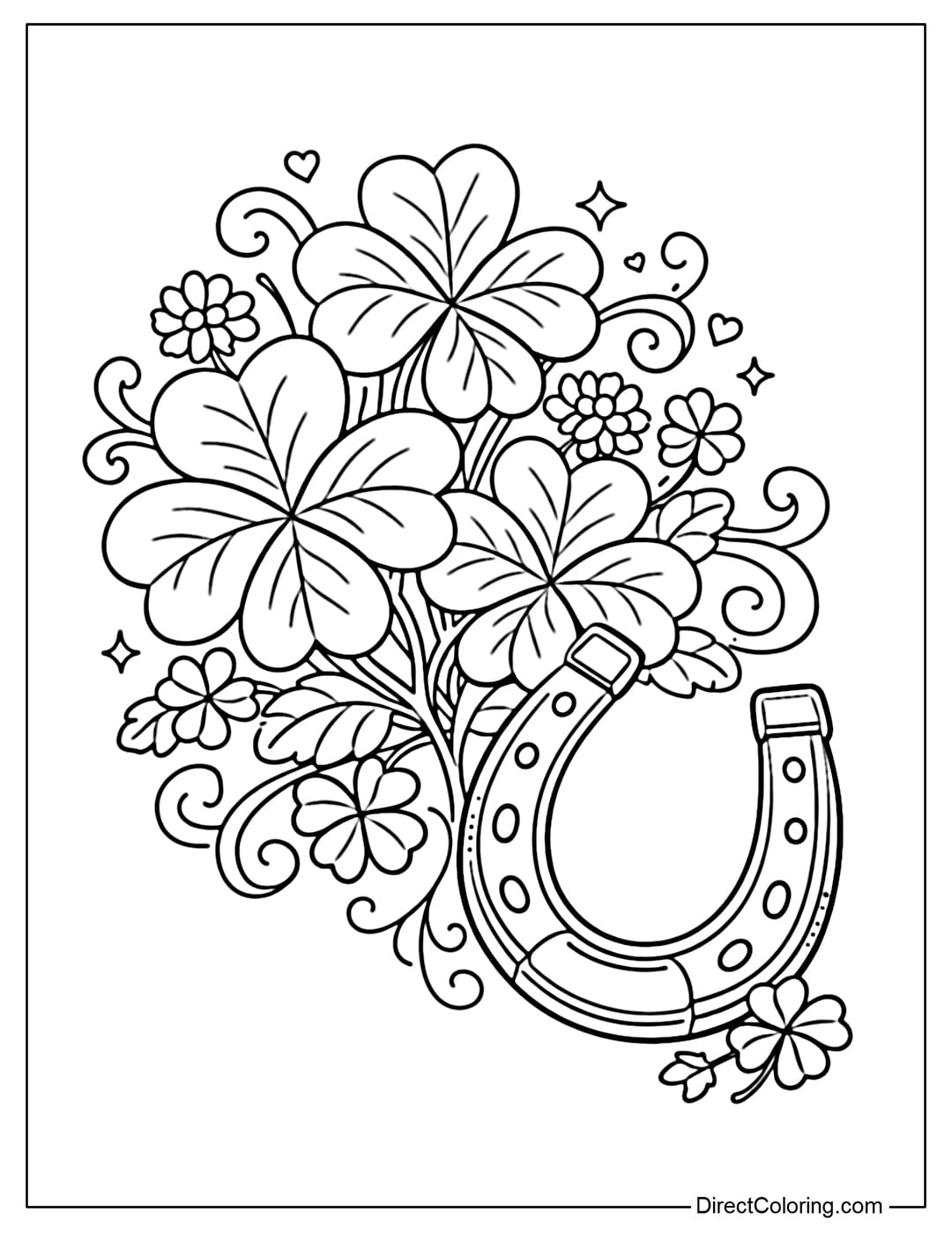 Coloring page featuring clover clusters and a lucky horseshoe placed askew beside them.