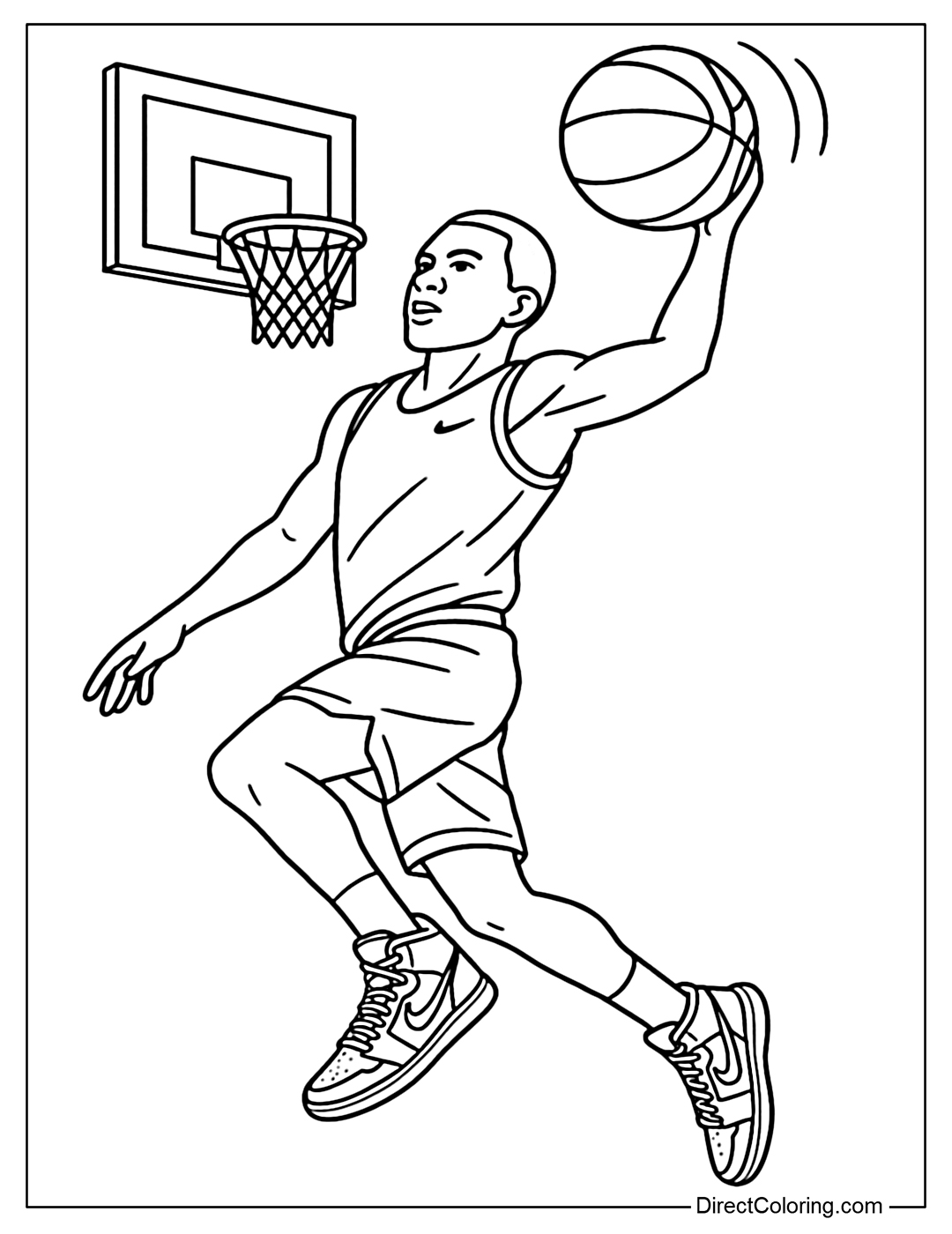 A basketball jumper coloring page wearing Nike gear, featuring shoes with moving ball details.