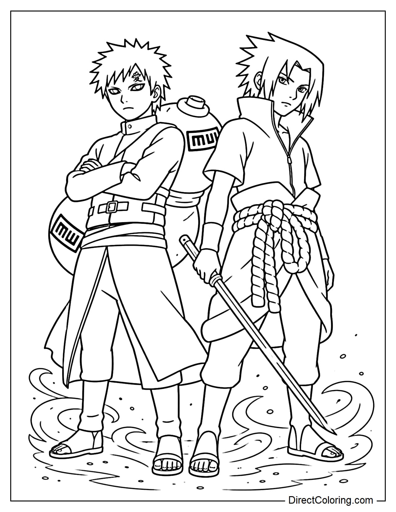 Gaara and Sasuke stand side-by-side in powerful poses, with some sand swirling below.