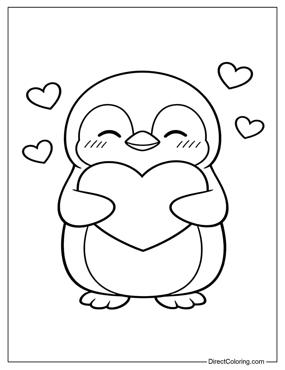 A coloring page of a penguin hugging a large heart on its chest, with several smaller hearts around it.