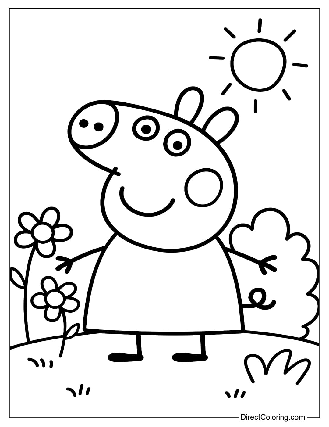 Coloring page Peppa Pig standing in a small garden, surrounded by some large flowers, a large bush of grass and the sun behind.
