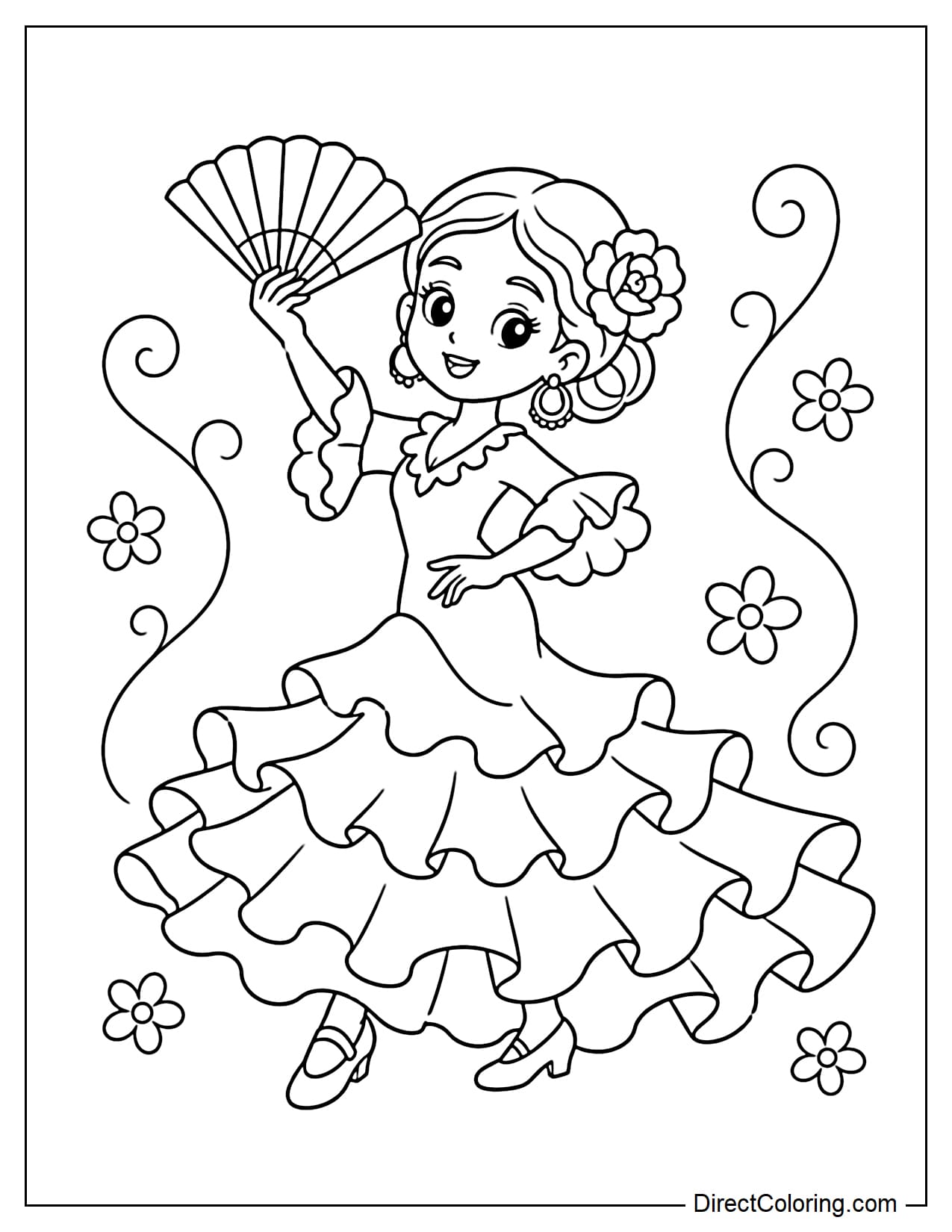 A Spanish flamenco dancer wearing a multi-tiered dress, with flowers in her hair, holding a fan in one hand, gracefully dancing, surrounded by curves and small flowers.