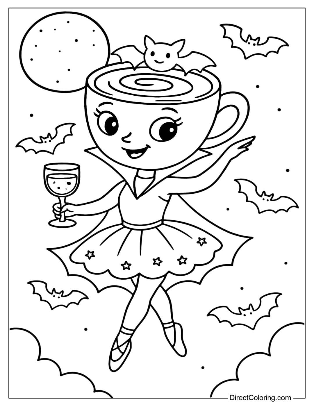Ballerina Cappuccina coloring page in a dark dress, with a high collar like a vampire, on her head is a headband with small bat wings.